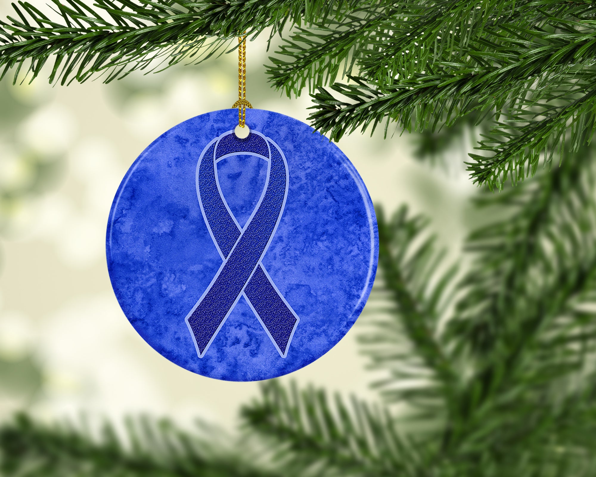 Dark Blue Ribbon for Colon Cancer Awareness Ceramic Ornament AN1202CO1 - the-store.com