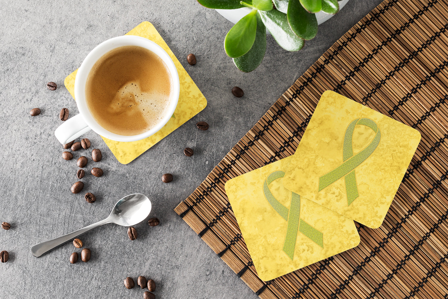 Set of 4 Yellow Ribbon for Sarcoma, Bone or Bladder Cancer Awareness Foam Coasters AN1203FC - the-store.com