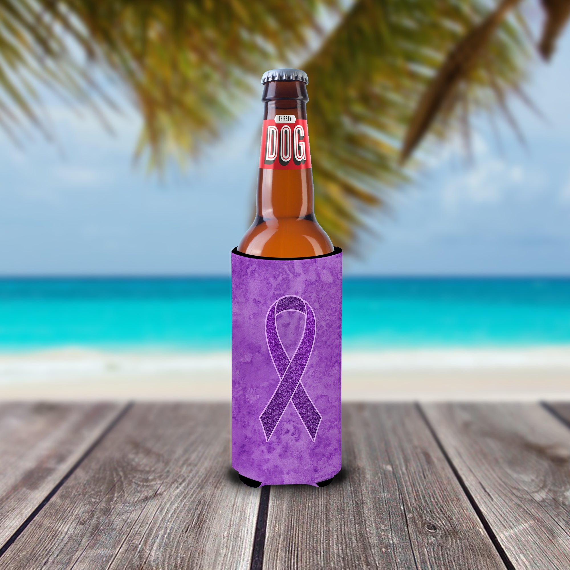 Purple Ribbon for Pancreatic and Leiomyosarcoma Cancer Awareness Ultra Beverage Insulators for slim cans AN1207MUK