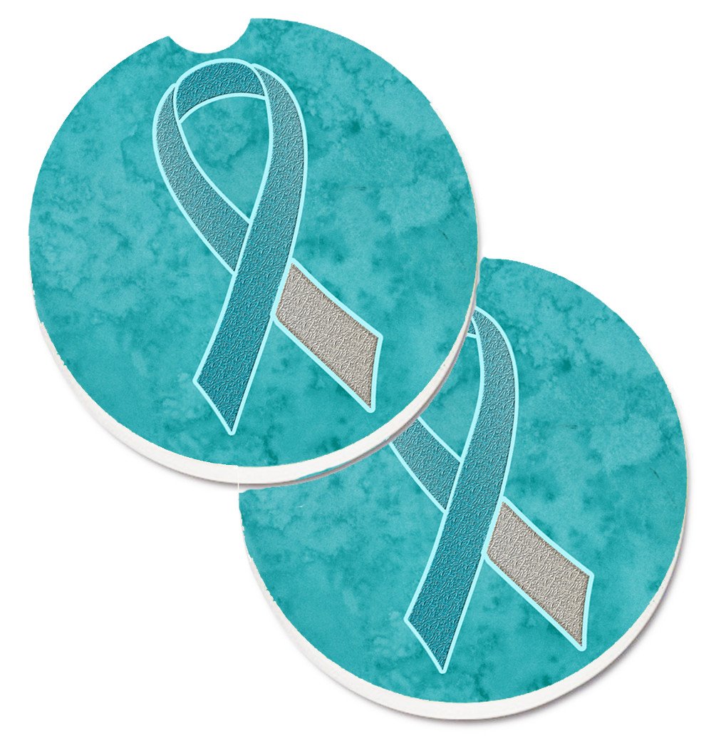 Teal and White Ribbon for Cervical Cancer Awareness Set of 2 Cup Holder Car Coasters AN1215CARC by Caroline&#39;s Treasures