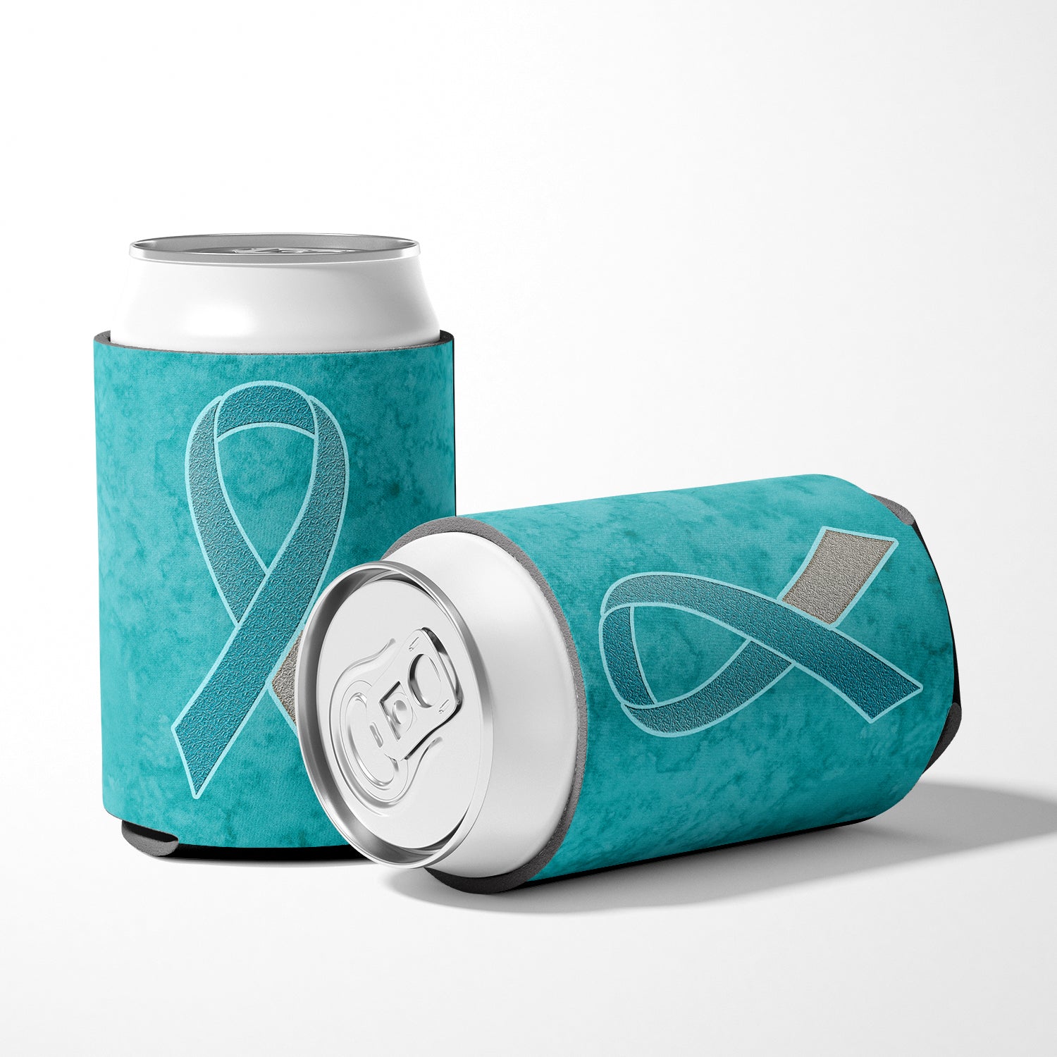 Teal and White Ribbon for Cervical Cancer Awareness Can or Bottle Hugger AN1215CC.