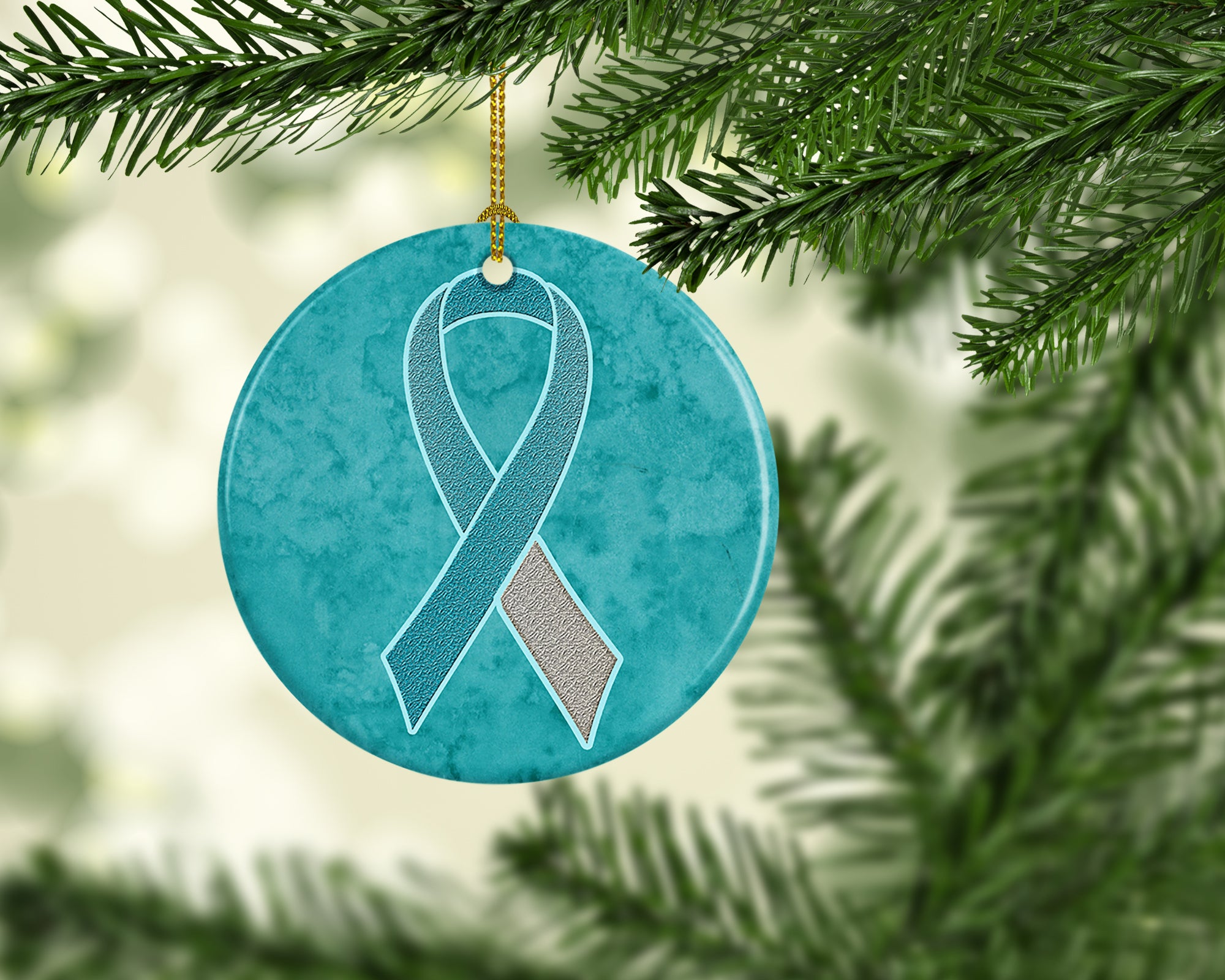 Teal and White Ribbon for Cervical Cancer Awareness Ceramic Ornament AN1215CO1 - the-store.com