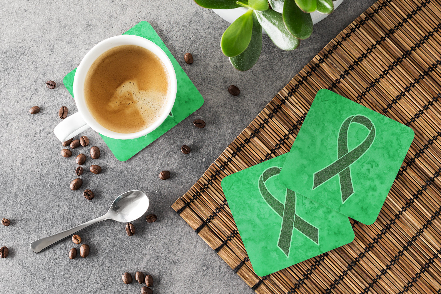 Set of 4 Emerald Green Ribbon for Liver Cancer Awareness Foam Coasters AN1221FC - the-store.com