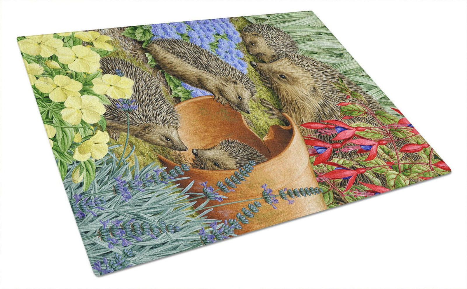 Hedgehogs in the Flower Pot Glass Cutting Board Large ASA2087LCB by Caroline's Treasures