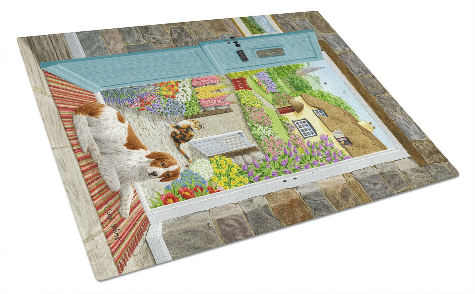 Welsh Springer Spaniel at the cottage door Glass Cutting Board Large ASA2144LCB by Caroline's Treasures