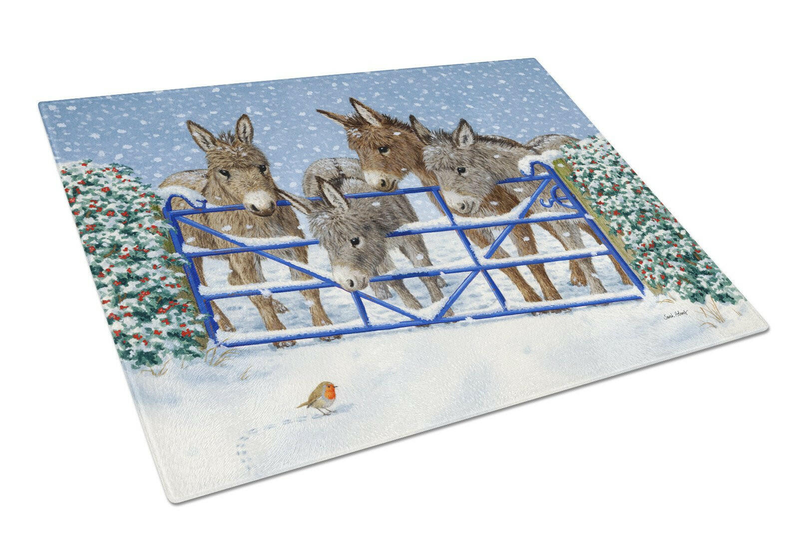 Donkeys and Robin at the Fence Glass Cutting Board Large ASA2210LCB by Caroline's Treasures