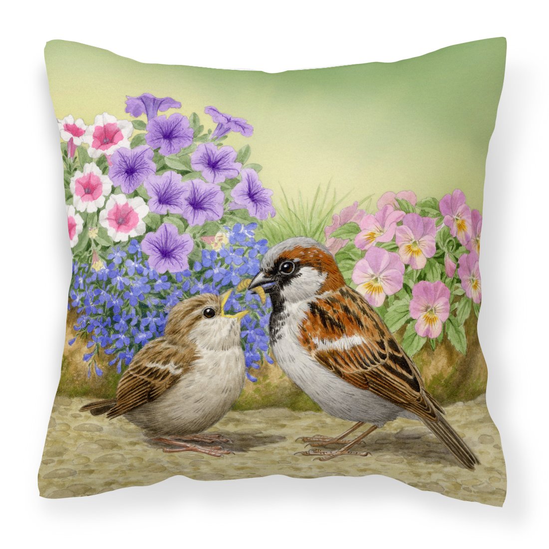 House Sparrows Feeding Time Canvas Decorative Pillow by Caroline's Treasures