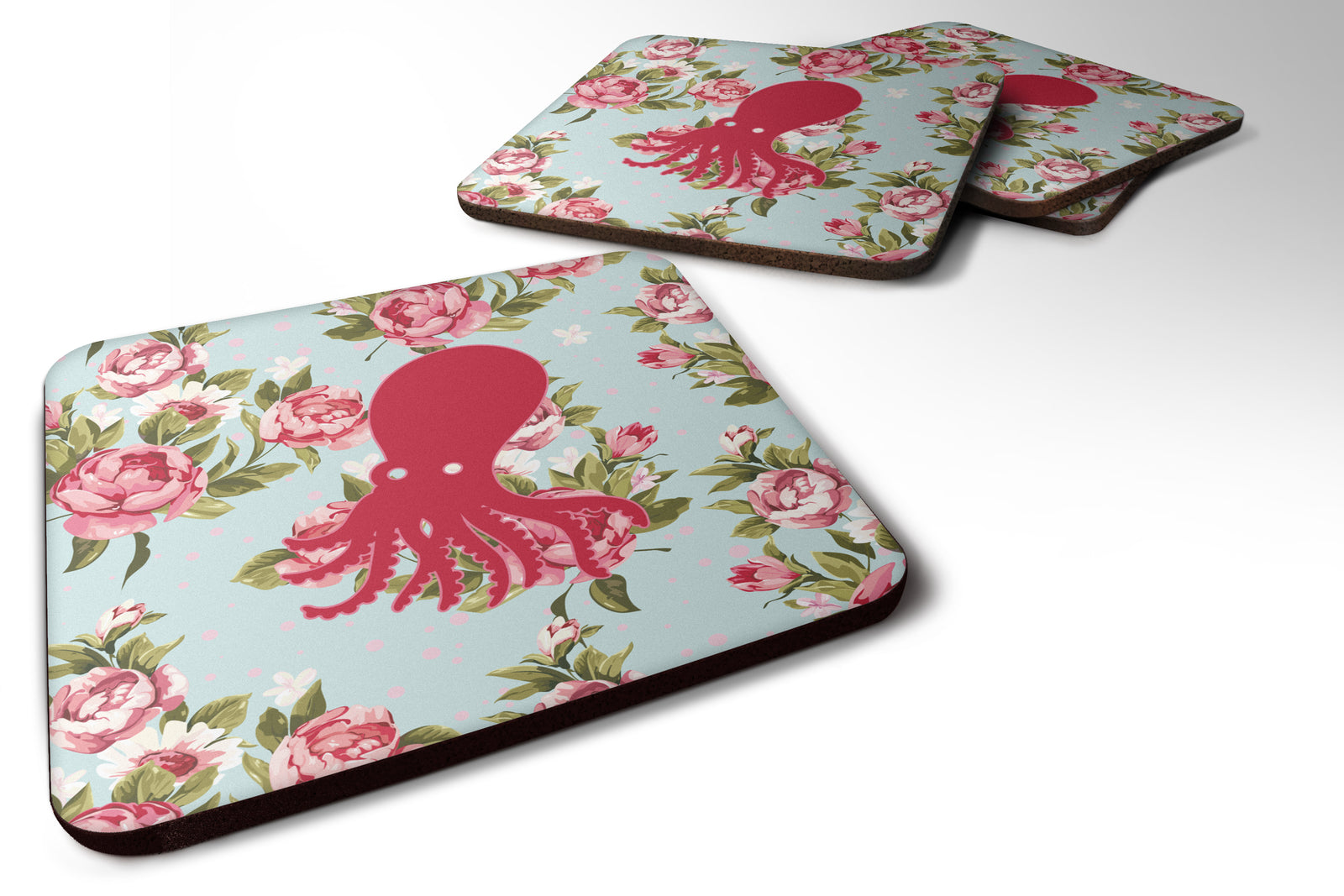 Set of 4 Octopus Shabby Chic Blue Roses Foam Coasters - the-store.com