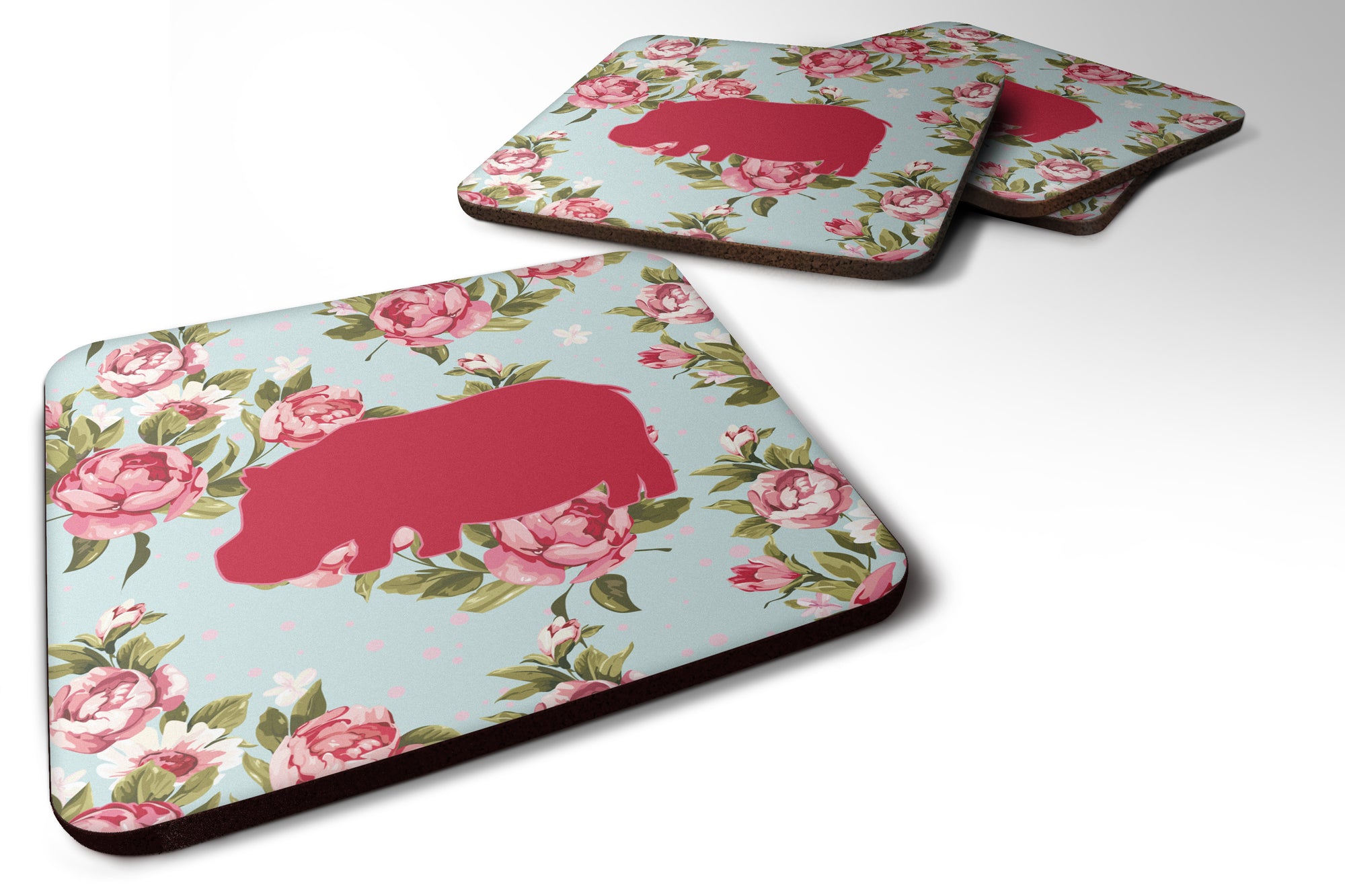 Set of 4 Hippopotamus Shabby Chic Blue Roses Foam Coasters - the-store.com