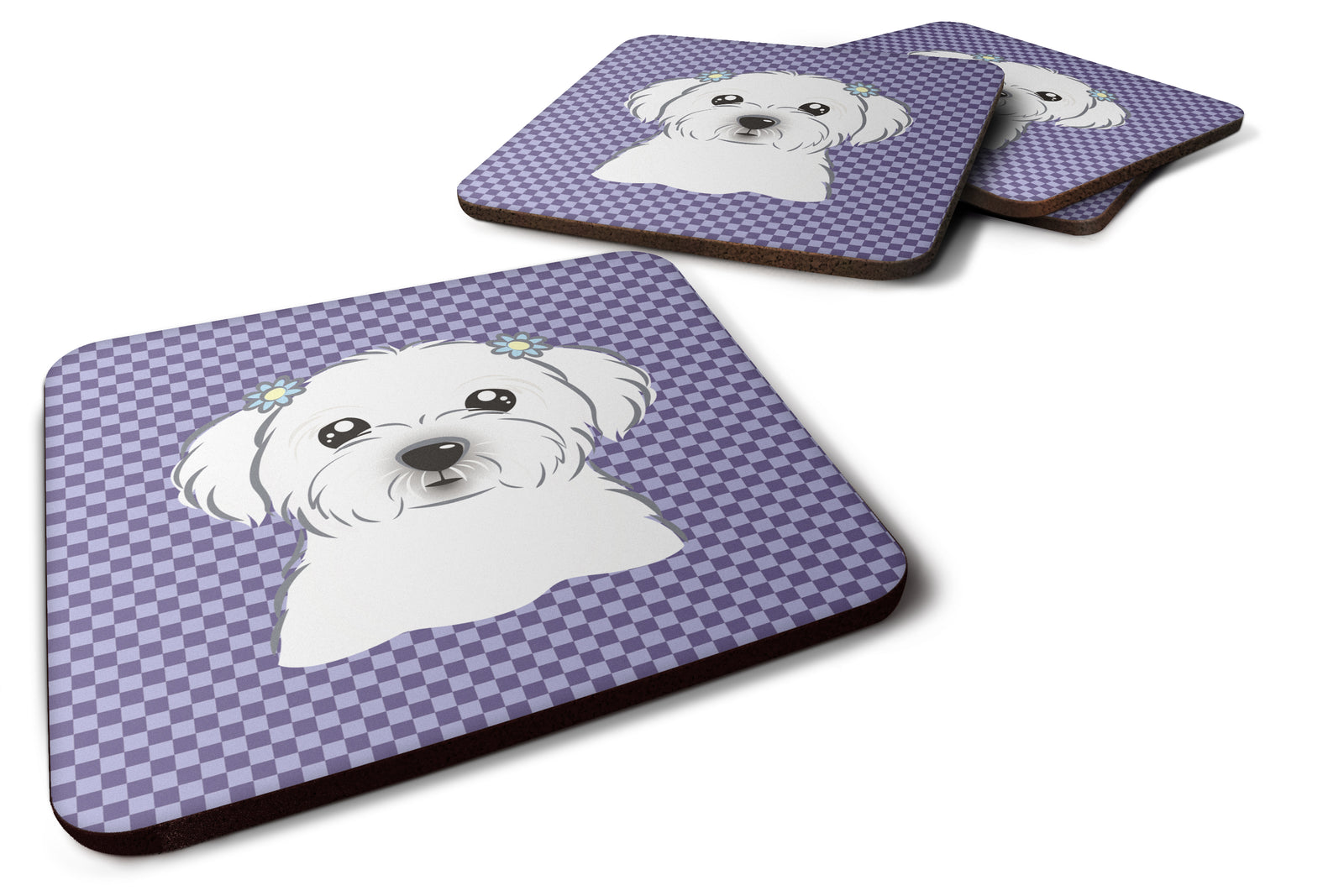 Set of 4 Purple Checkered Maltese Foam Coasters BB1134FC - the-store.com