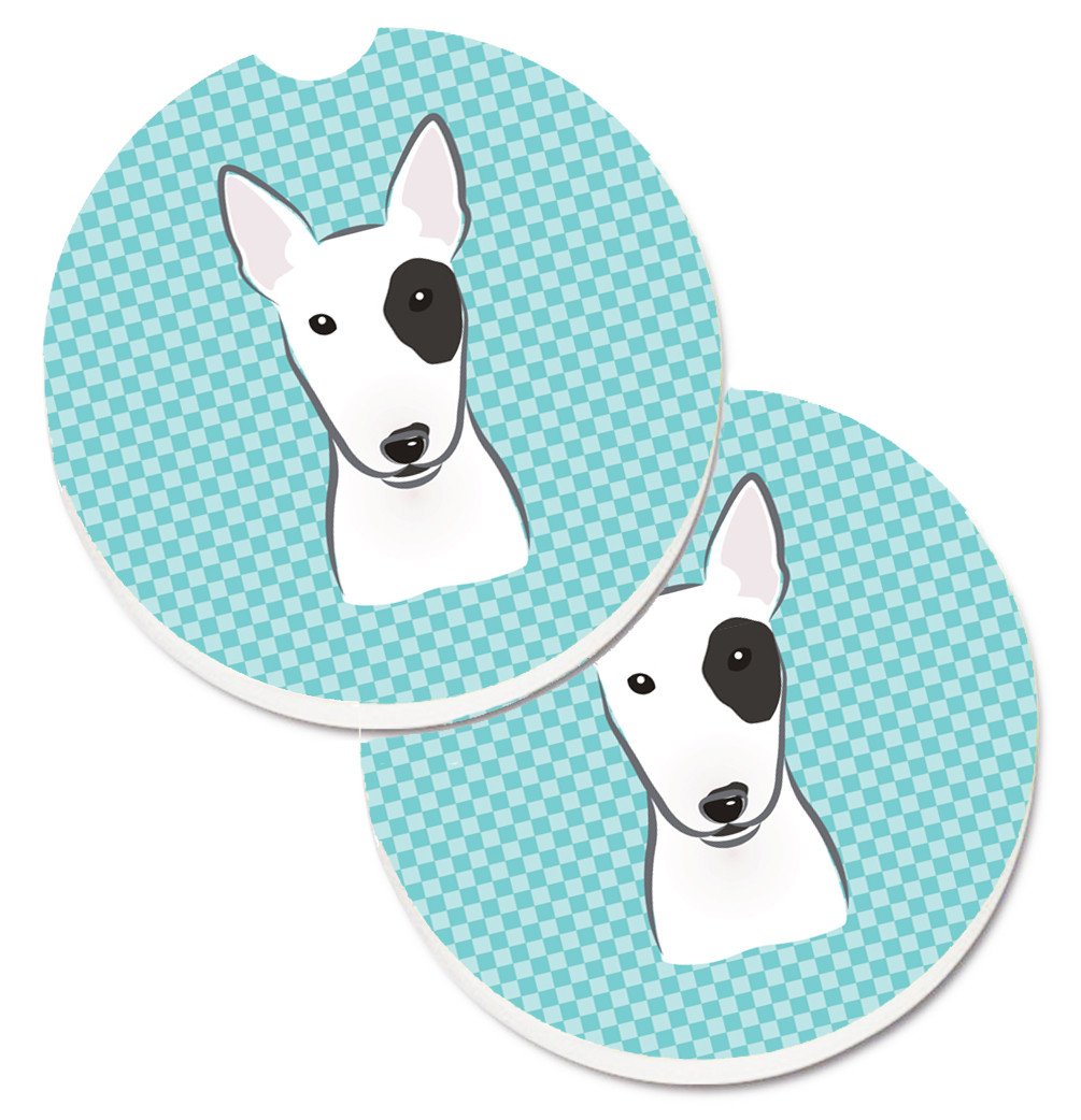 Checkerboard Blue Bull Terrier Set of 2 Cup Holder Car Coasters BB1147CARC by Caroline's Treasures