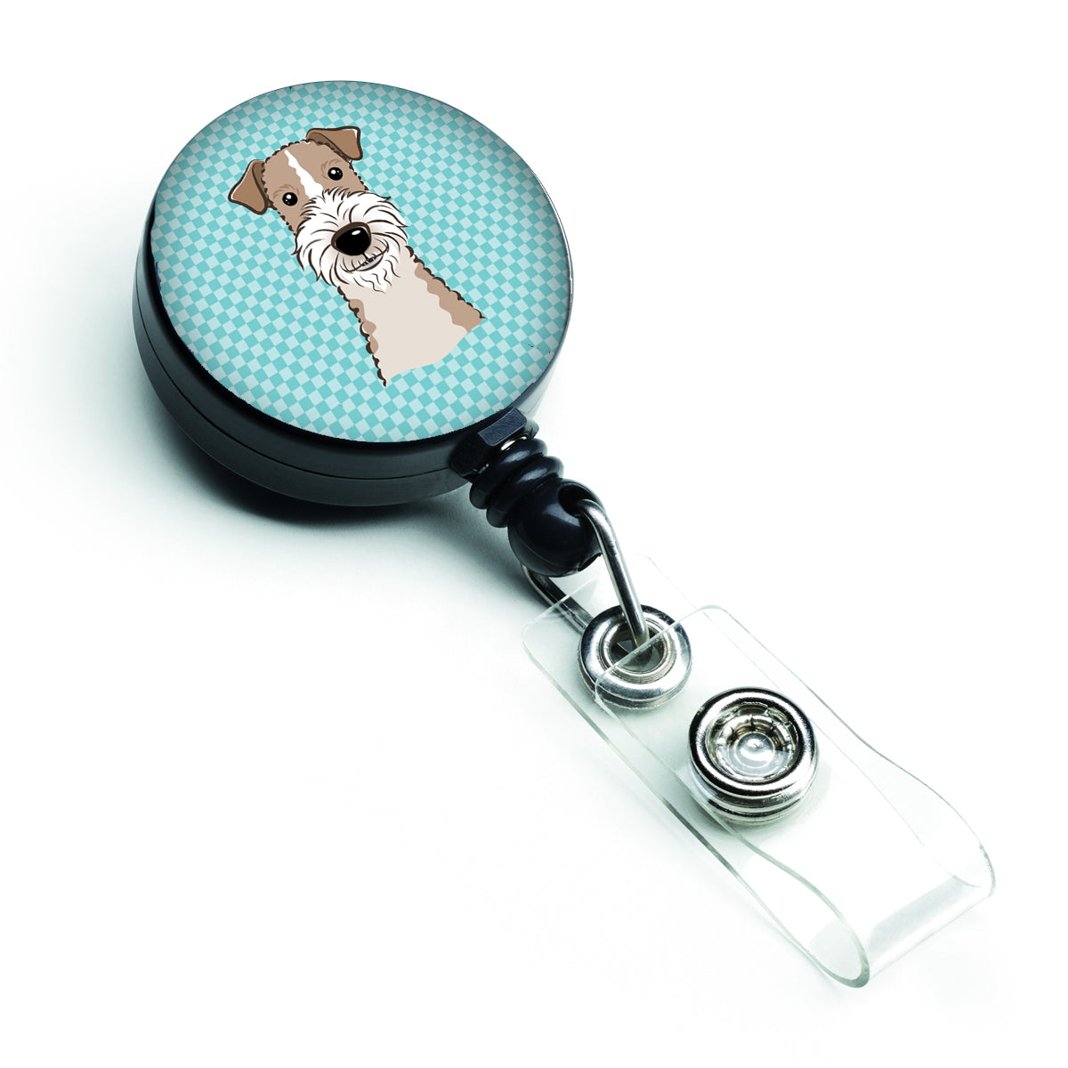 Checkerboard Blue Wire Haired Fox Terrier Retractable Badge Reel BB1185BR.