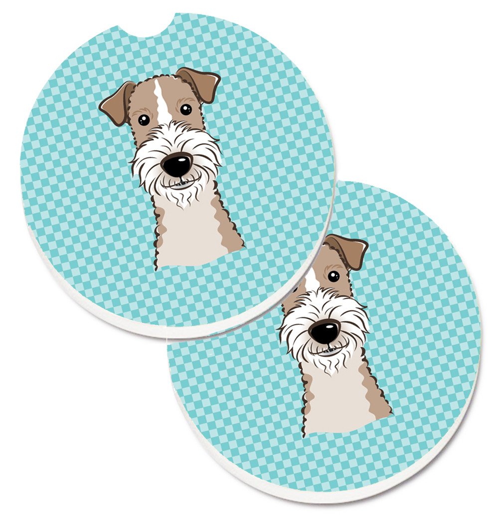 Checkerboard Blue Wire Haired Fox Terrier Set of 2 Cup Holder Car Coasters BB1185CARC by Caroline's Treasures