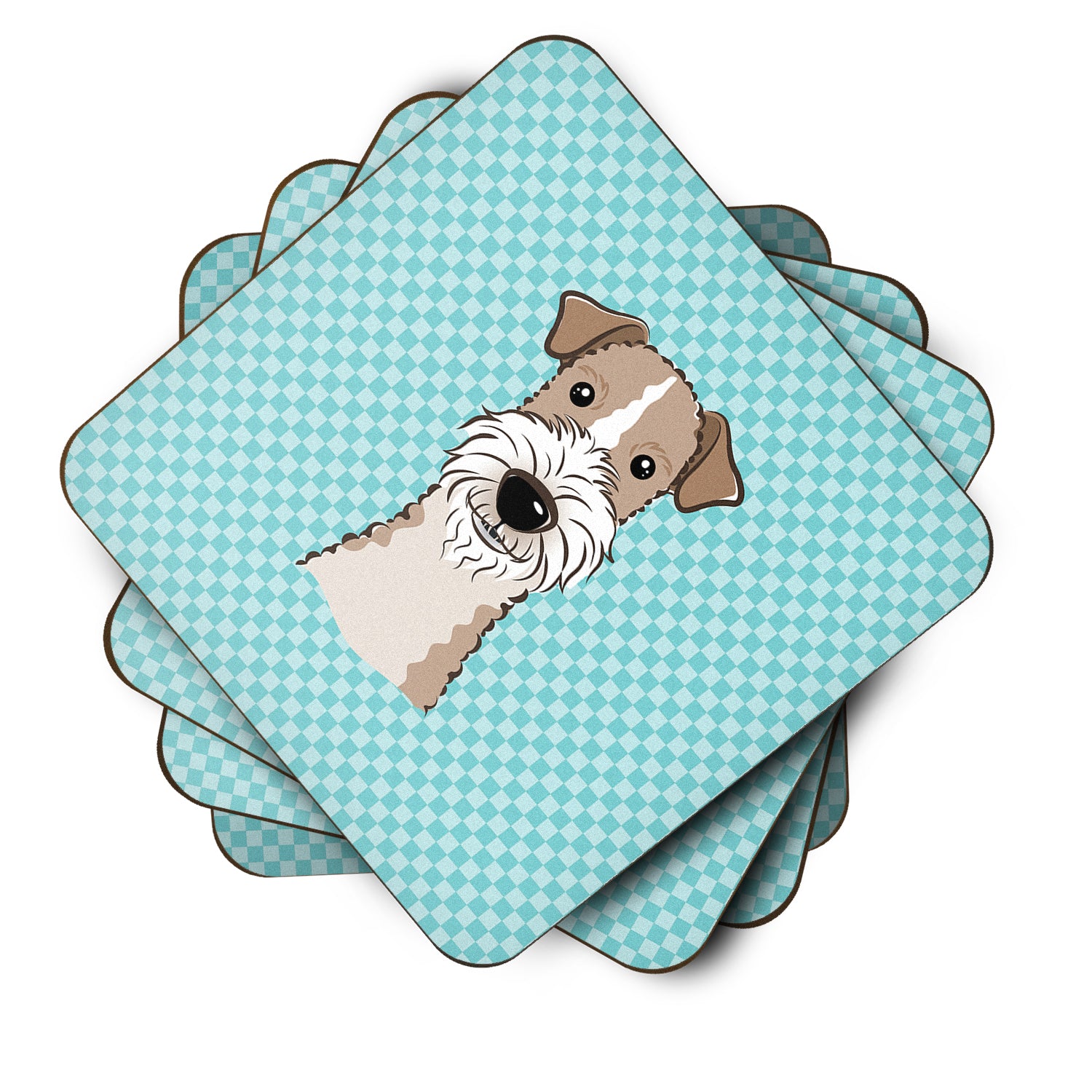 Set of 4 Checkerboard Blue Wire Haired Fox Terrier Foam Coasters BB1185FC - the-store.com