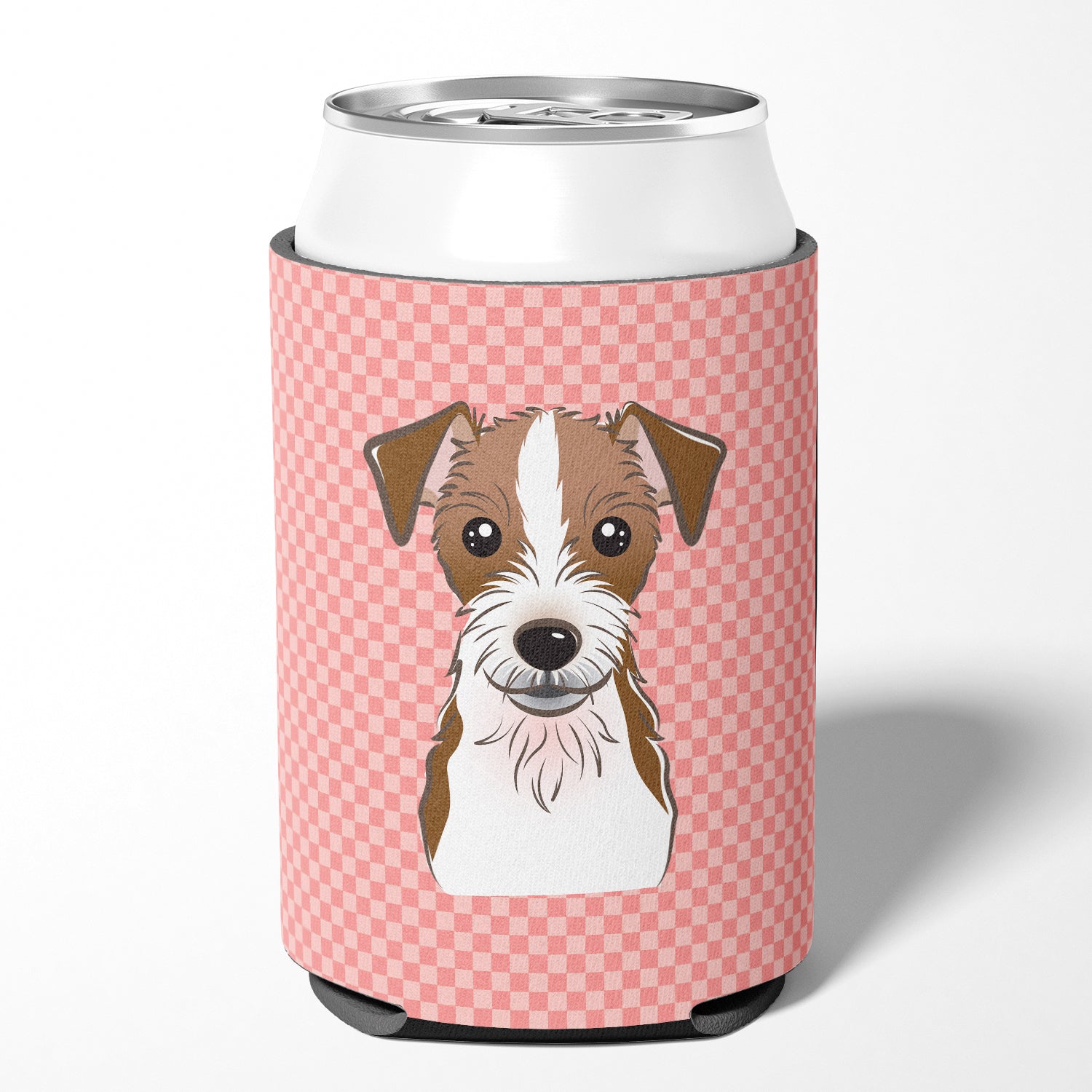 Checkerboard Pink Jack Russell Terrier Can or Bottle Hugger BB1202CC.