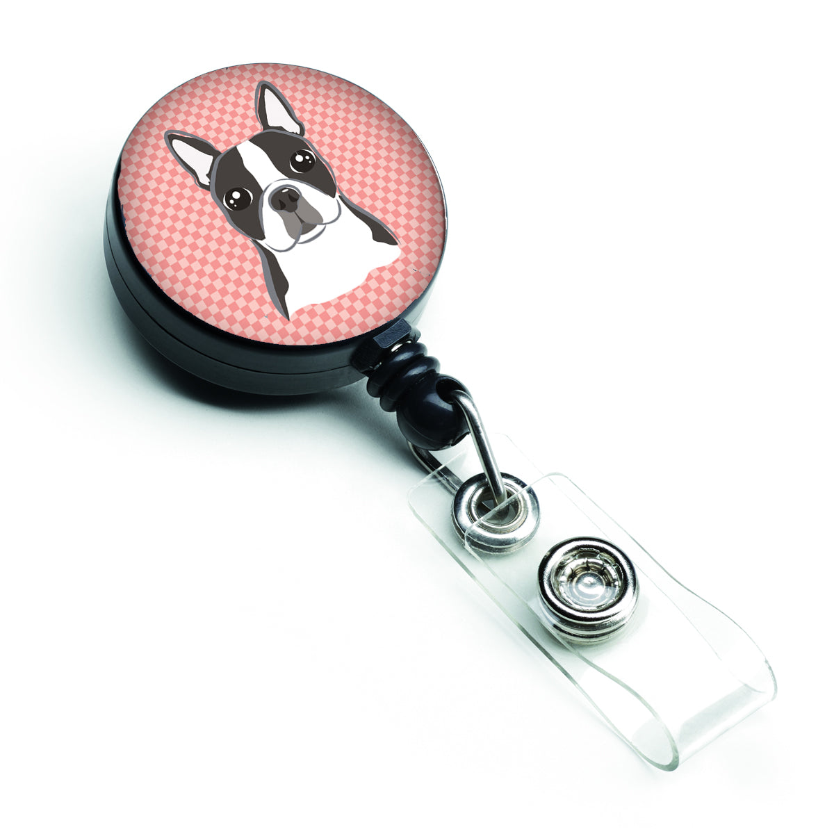 Checkerboard Pink Boston Terrier Retractable Badge Reel BB1203BR.