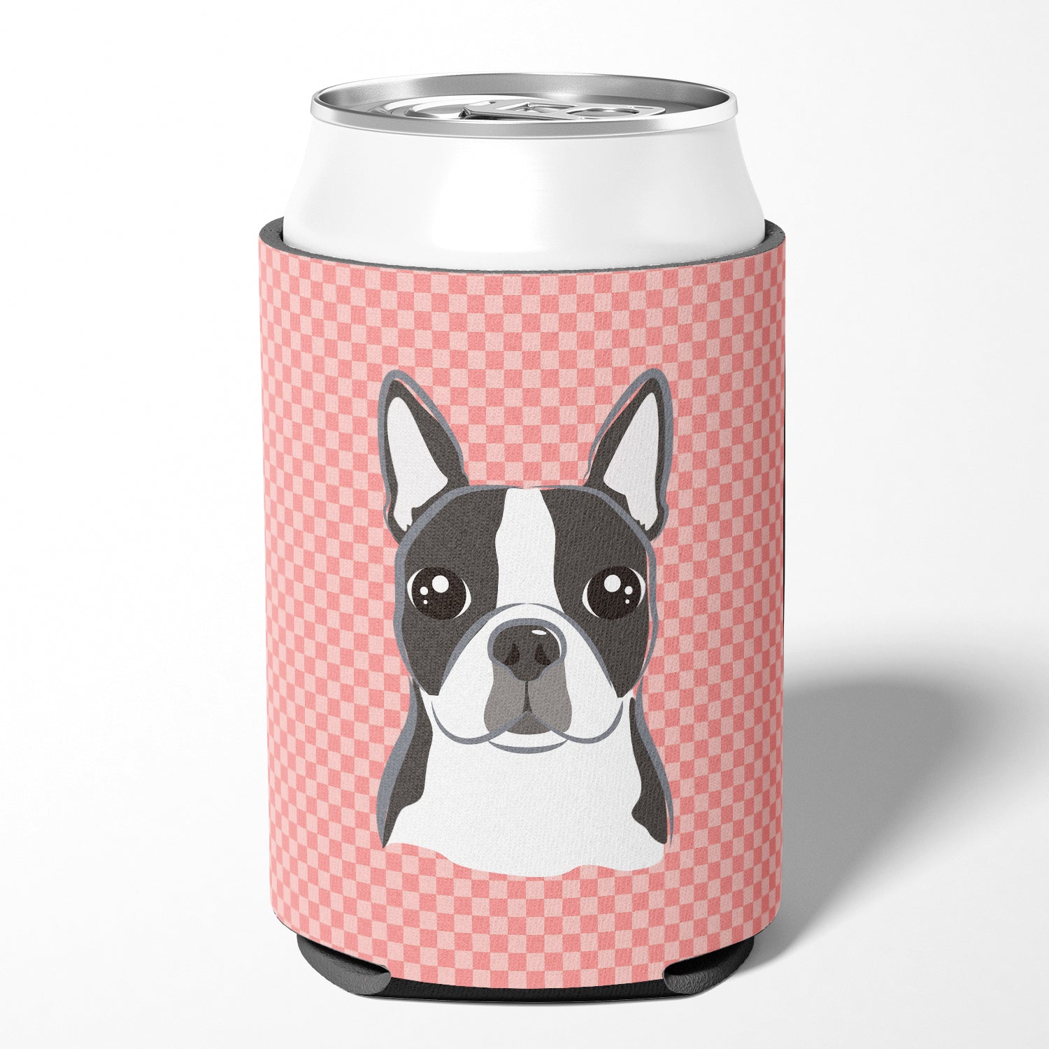 Checkerboard Pink Boston Terrier Can or Bottle Hugger BB1203CC.
