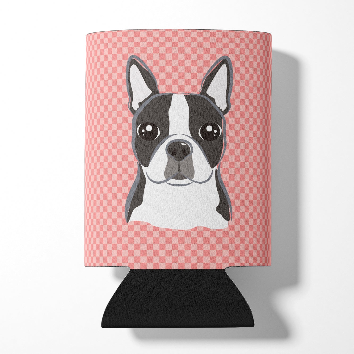 Checkerboard Pink Boston Terrier Can or Bottle Hugger BB1203CC.