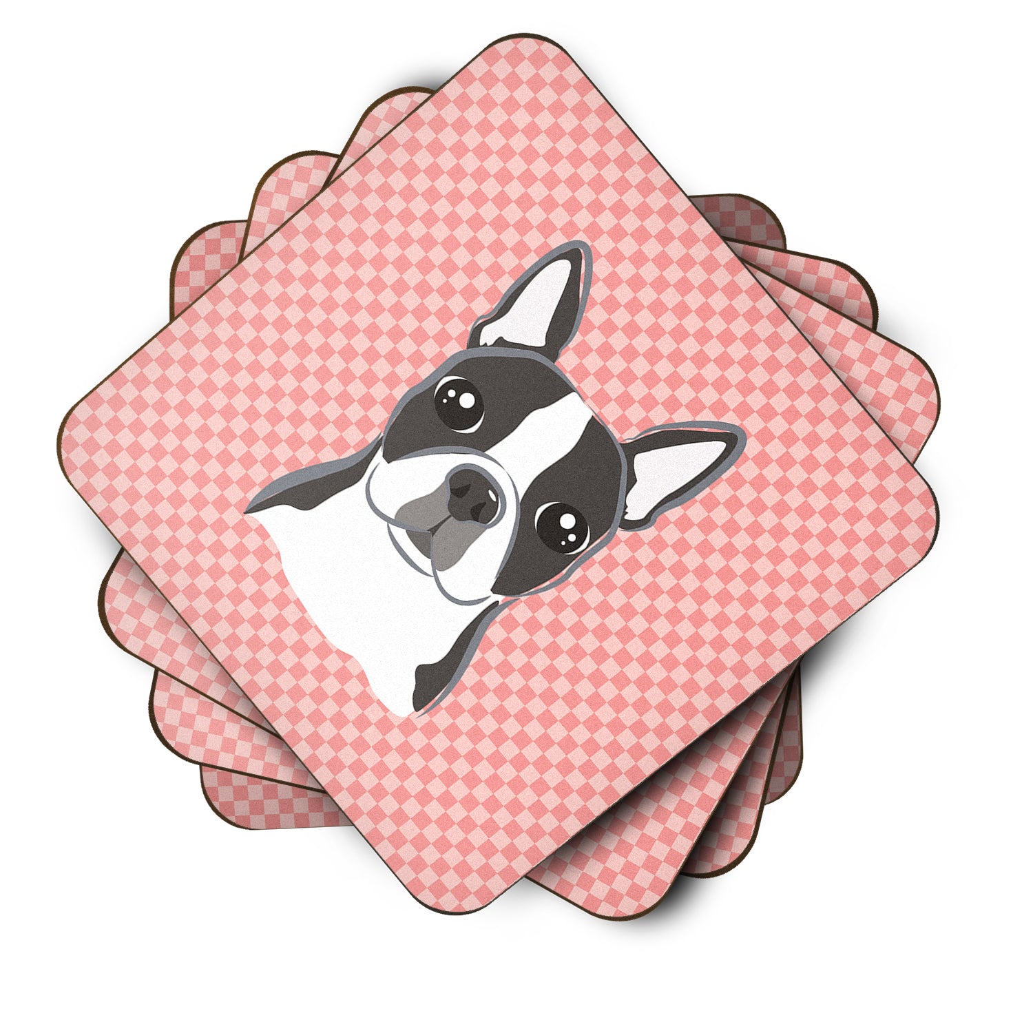 Set of 4 Checkerboard Pink Boston Terrier Foam Coasters BB1203FC - the-store.com