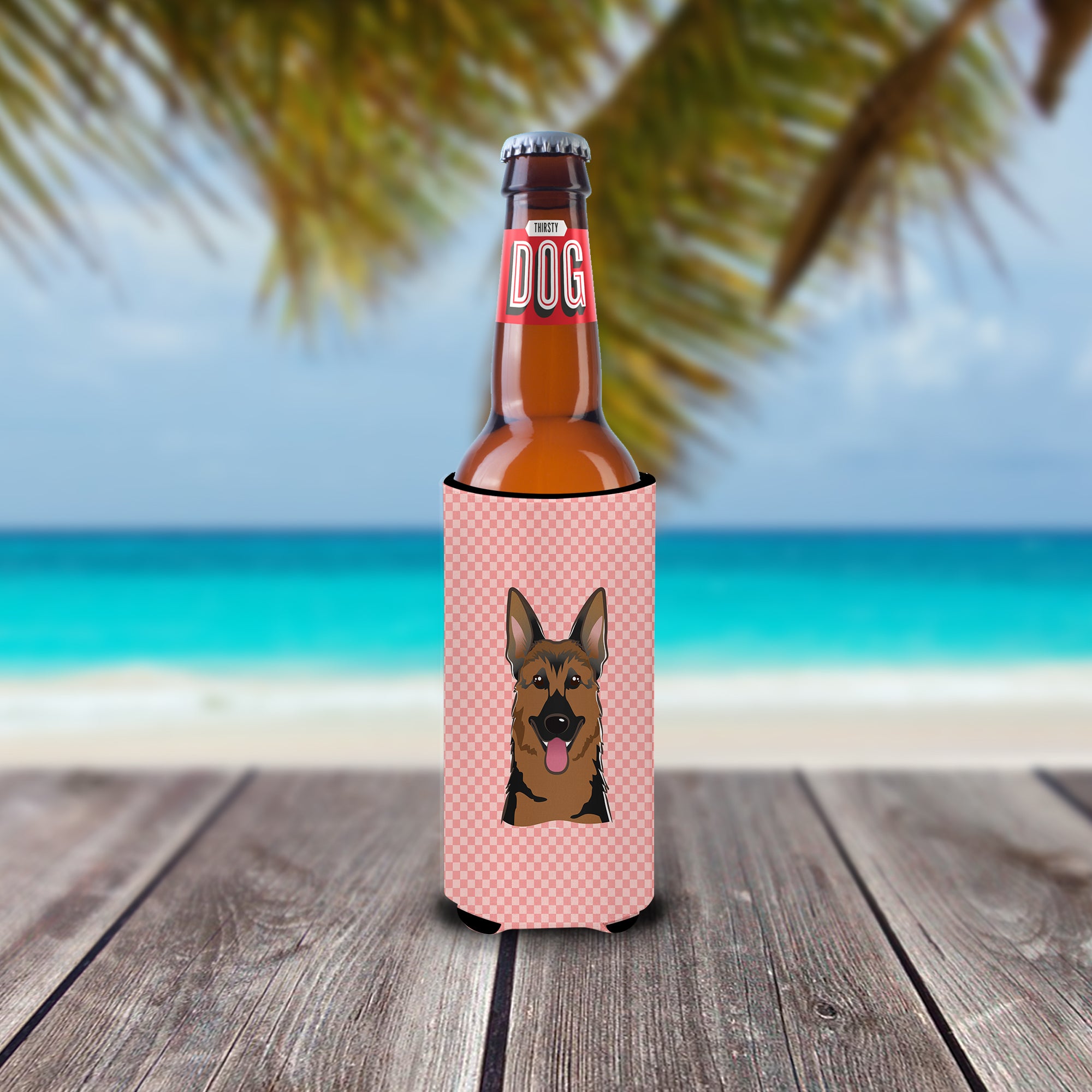 Checkerboard Pink German Shepherd Ultra Beverage Insulators for slim cans BB1211MUK.