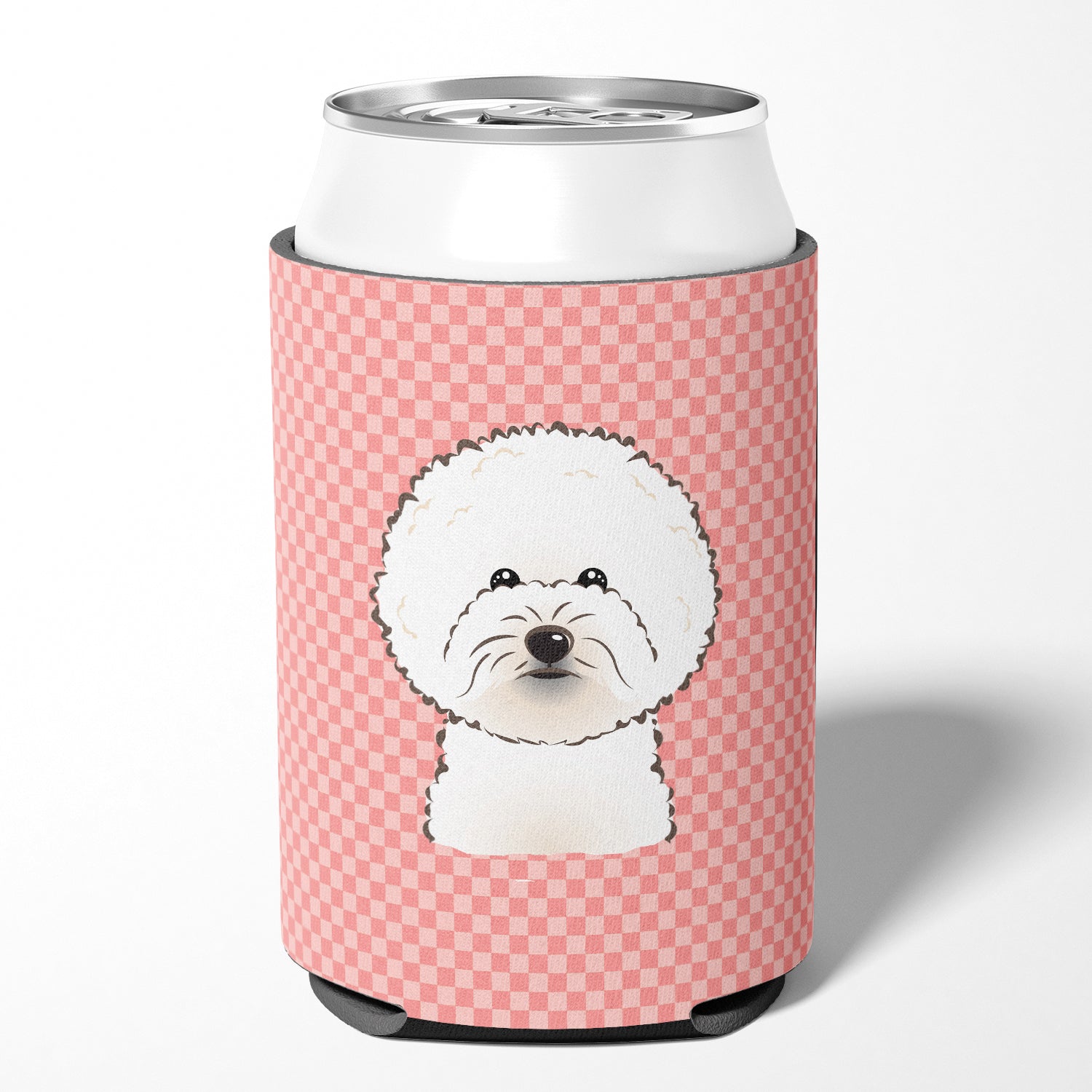 Checkerboard Pink Bichon Frise Can or Bottle Hugger BB1217CC.