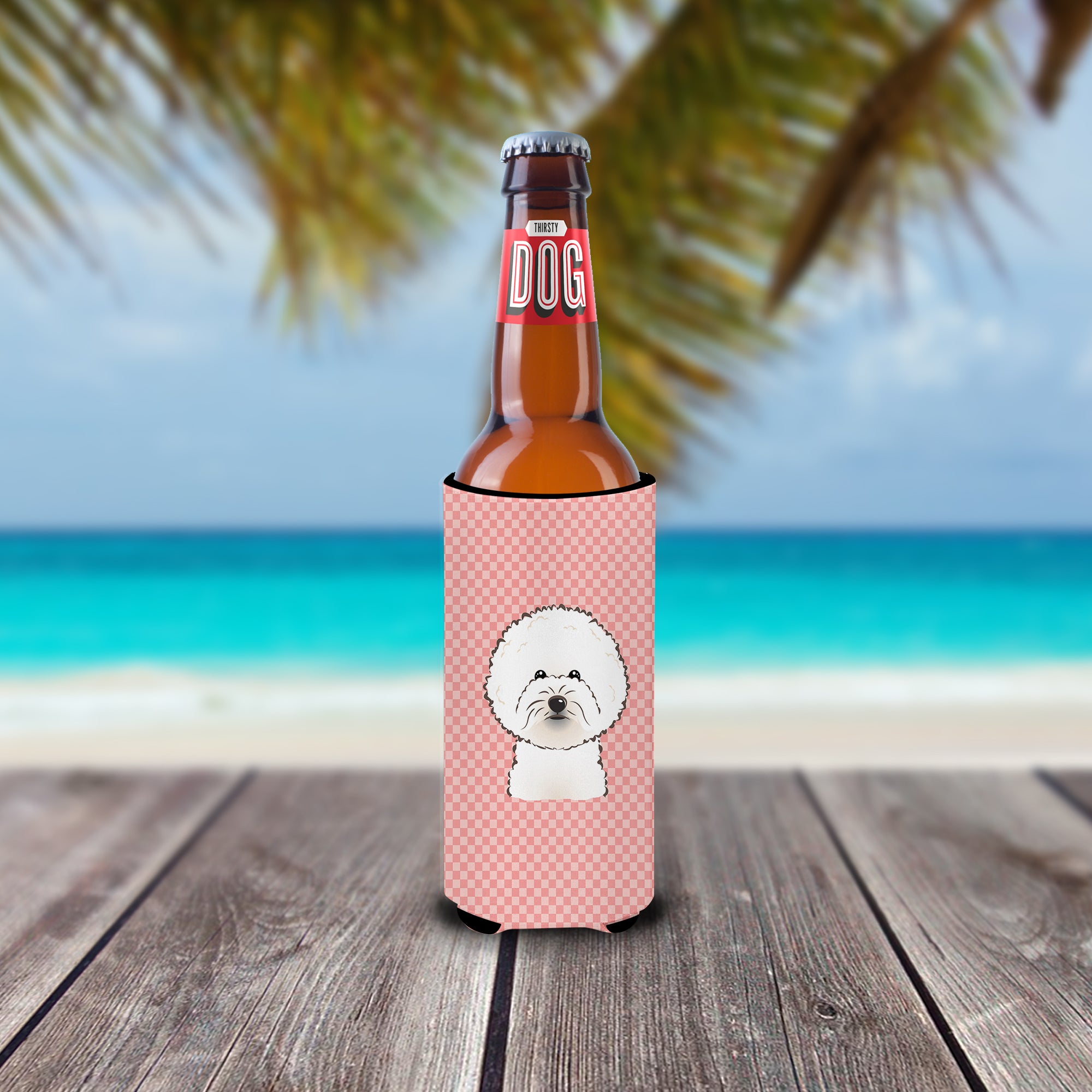 Checkerboard Pink Bichon Frise Ultra Beverage Insulators for slim cans BB1217MUK