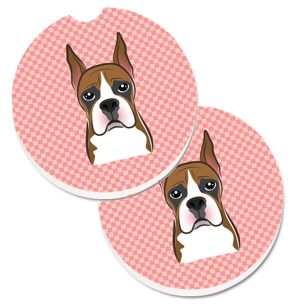 Checkerboard Pink Boxer Set of 2 Cup Holder Car Coasters BB1223CARC by Caroline's Treasures
