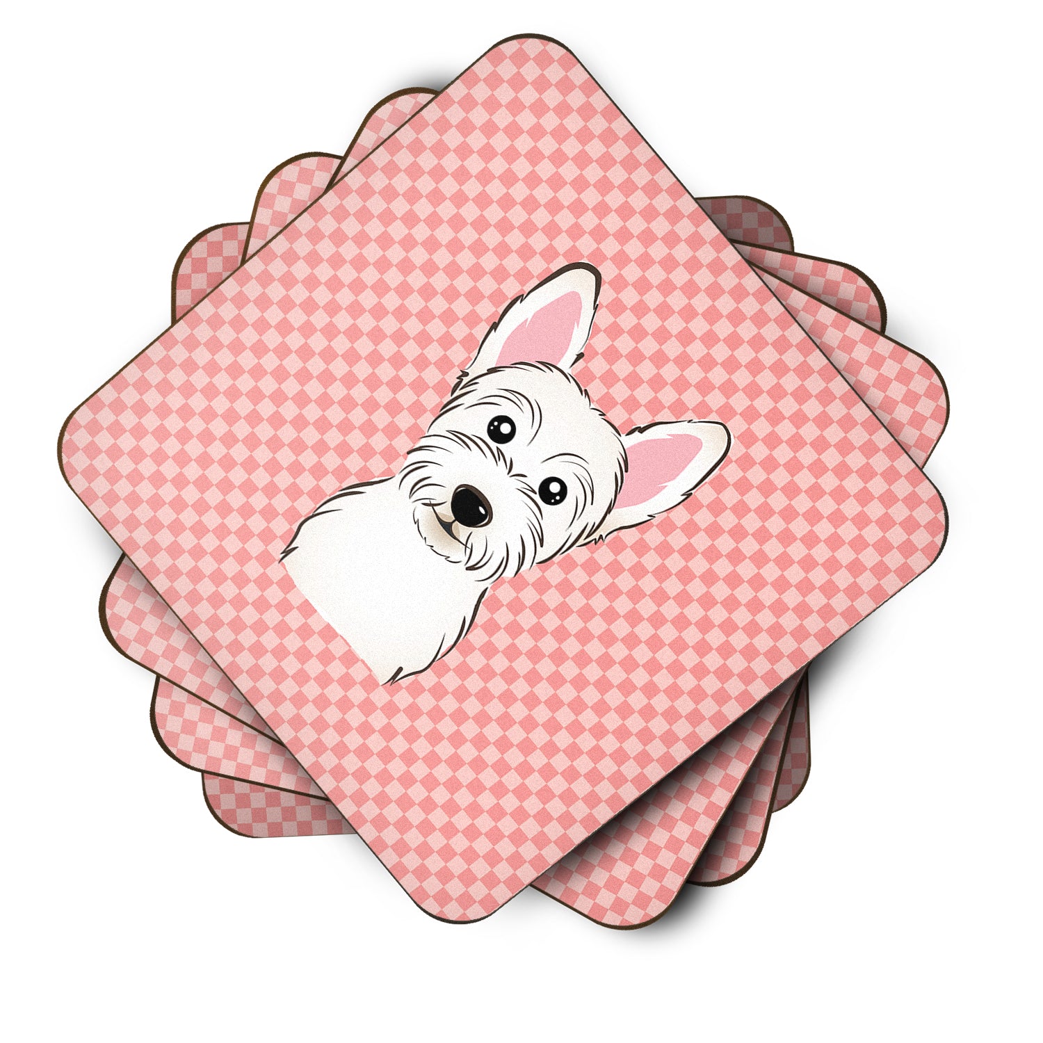 Set of 4 Checkerboard Pink Westie Foam Coasters BB1226FC - the-store.com