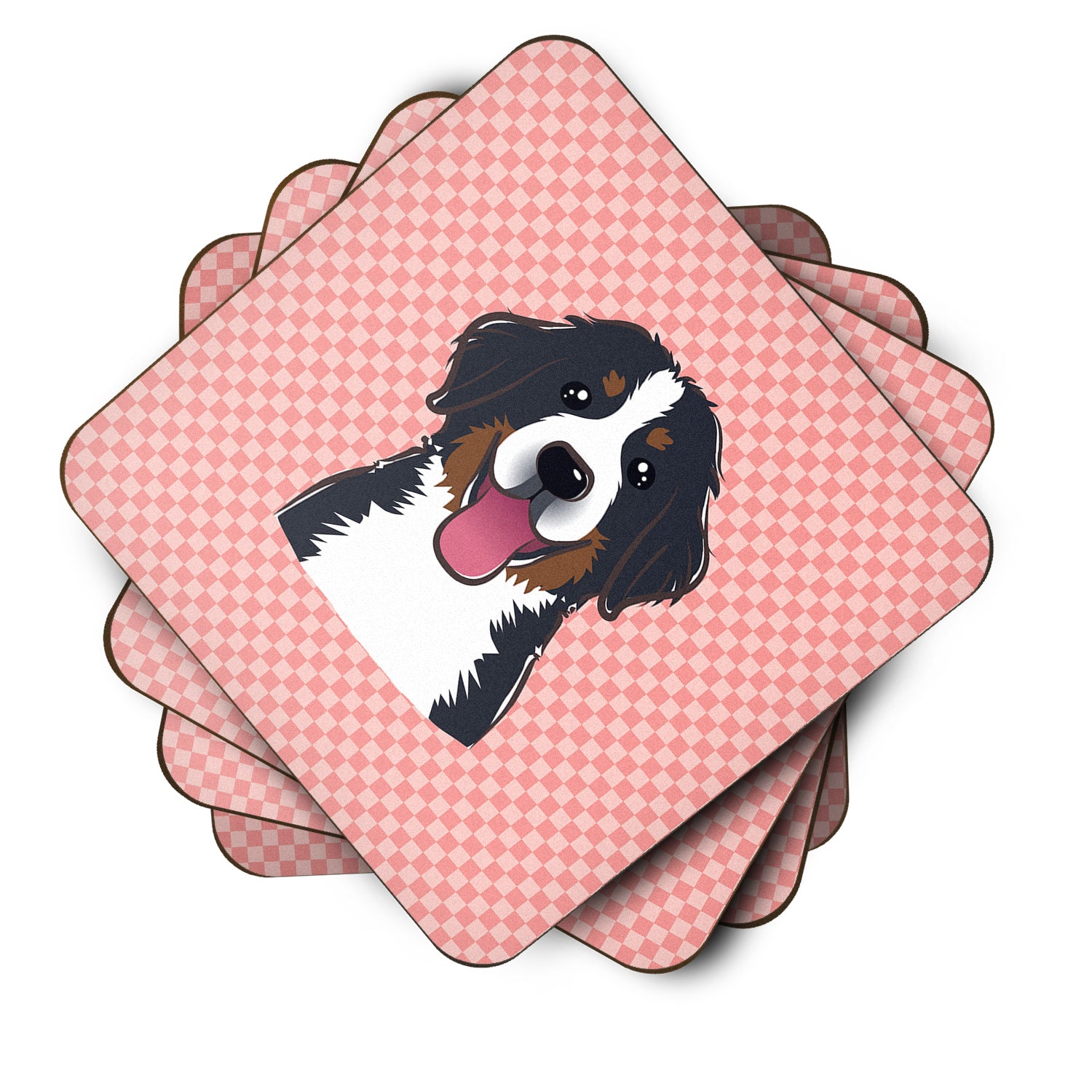 Set of 4 Checkerboard Pink Bernese Mountain Dog Foam Coasters BB1237FC - the-store.com