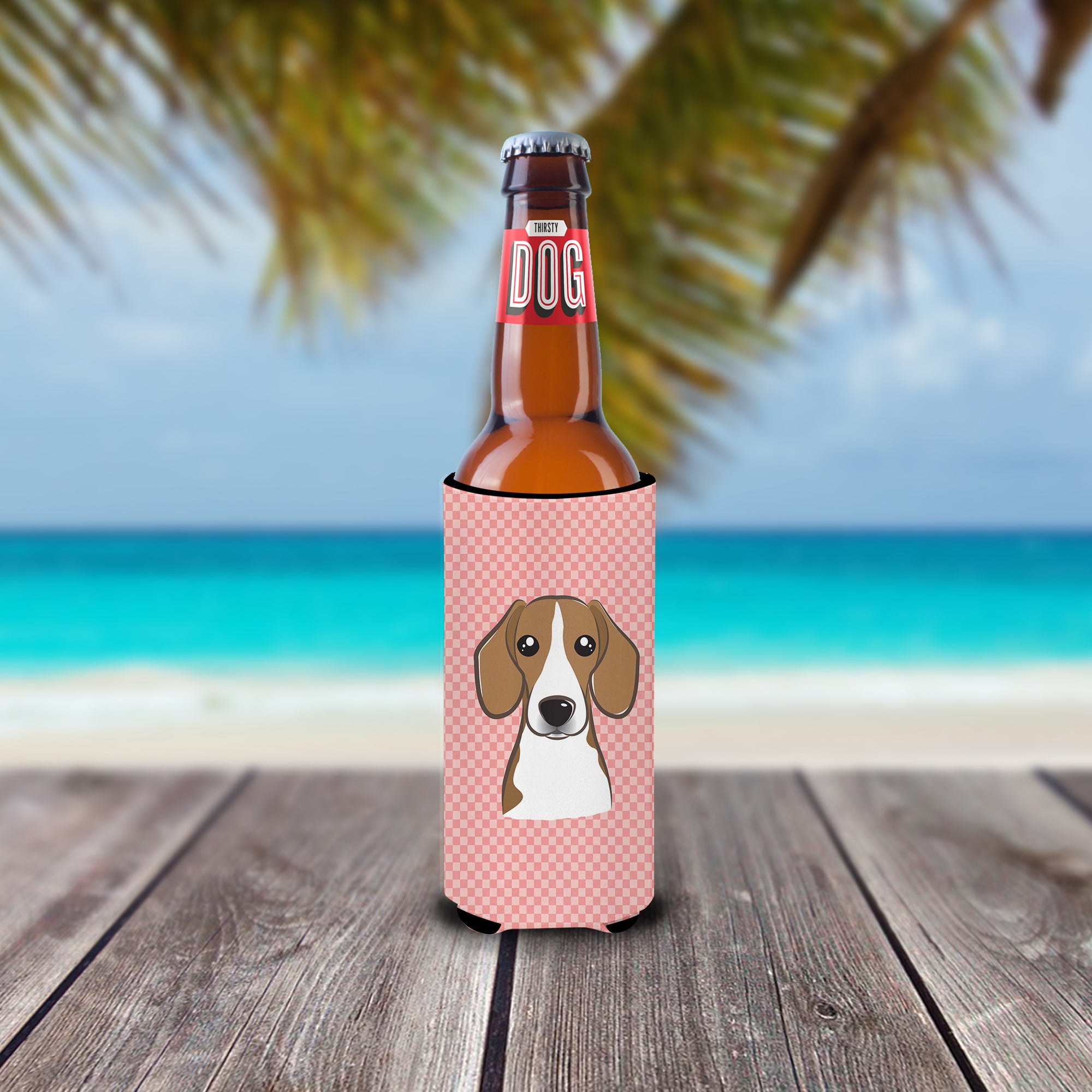 Checkerboard Pink Beagle Ultra Beverage Insulators for slim cans BB1239MUK