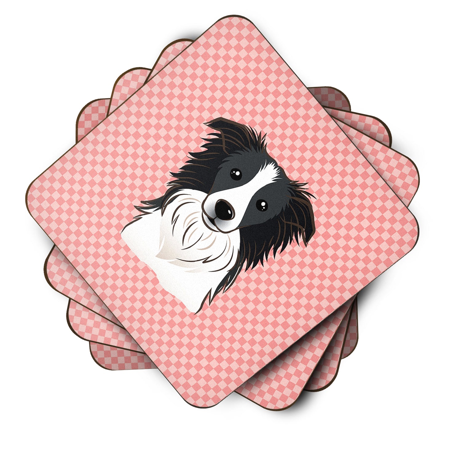 Set of 4 Checkerboard Pink Border Collie Foam Coasters BB1241FC - the-store.com