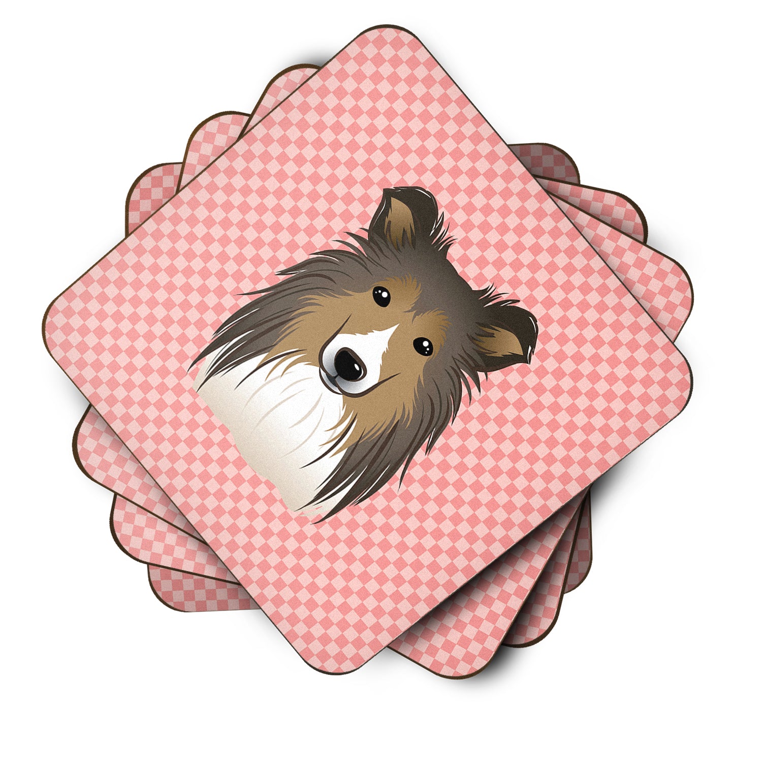 Set of 4 Checkerboard Pink Sheltie Foam Coasters BB1242FC - the-store.com
