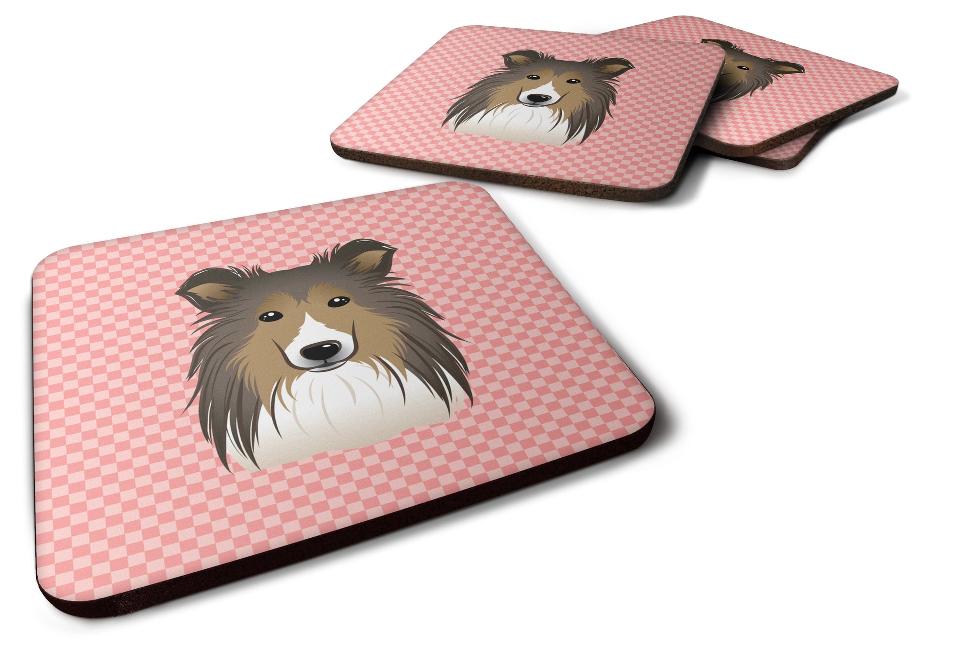 Set of 4 Checkerboard Pink Sheltie Foam Coasters BB1242FC - the-store.com