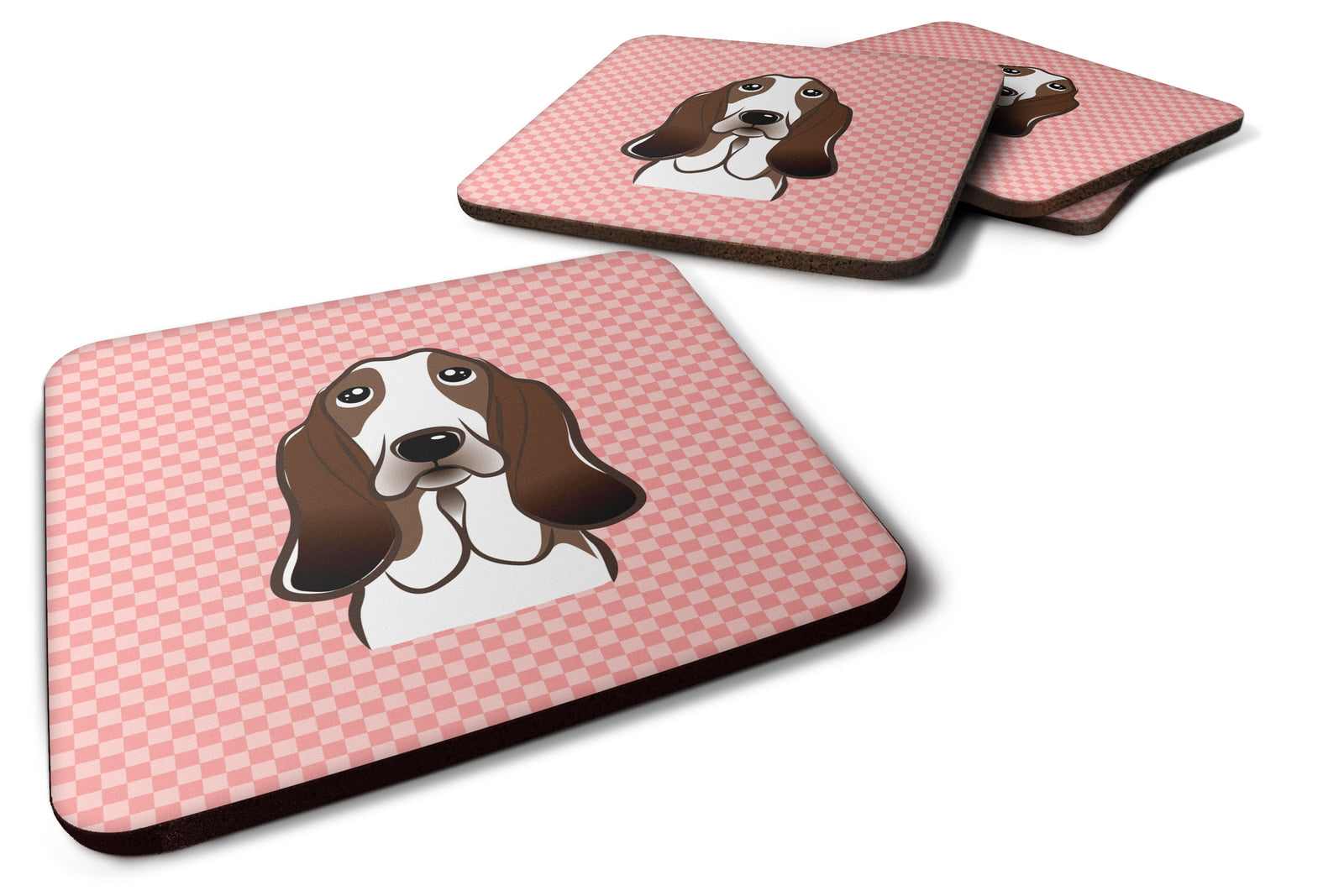 Set of 4 Checkerboard Pink Basset Hound Foam Coasters BB1243FC - the-store.com