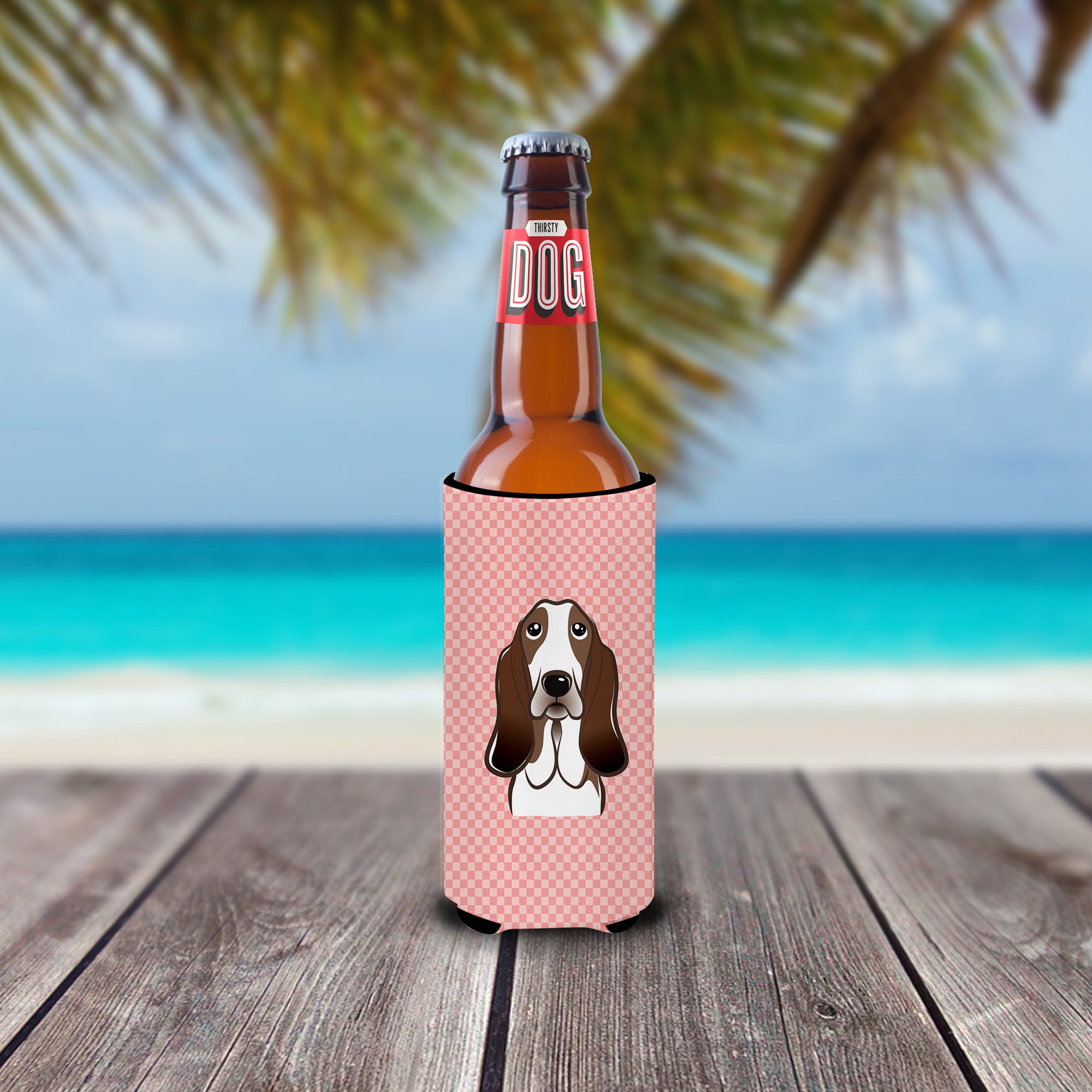 Checkerboard Pink Basset Hound Ultra Beverage Insulators for slim cans BB1243MUK