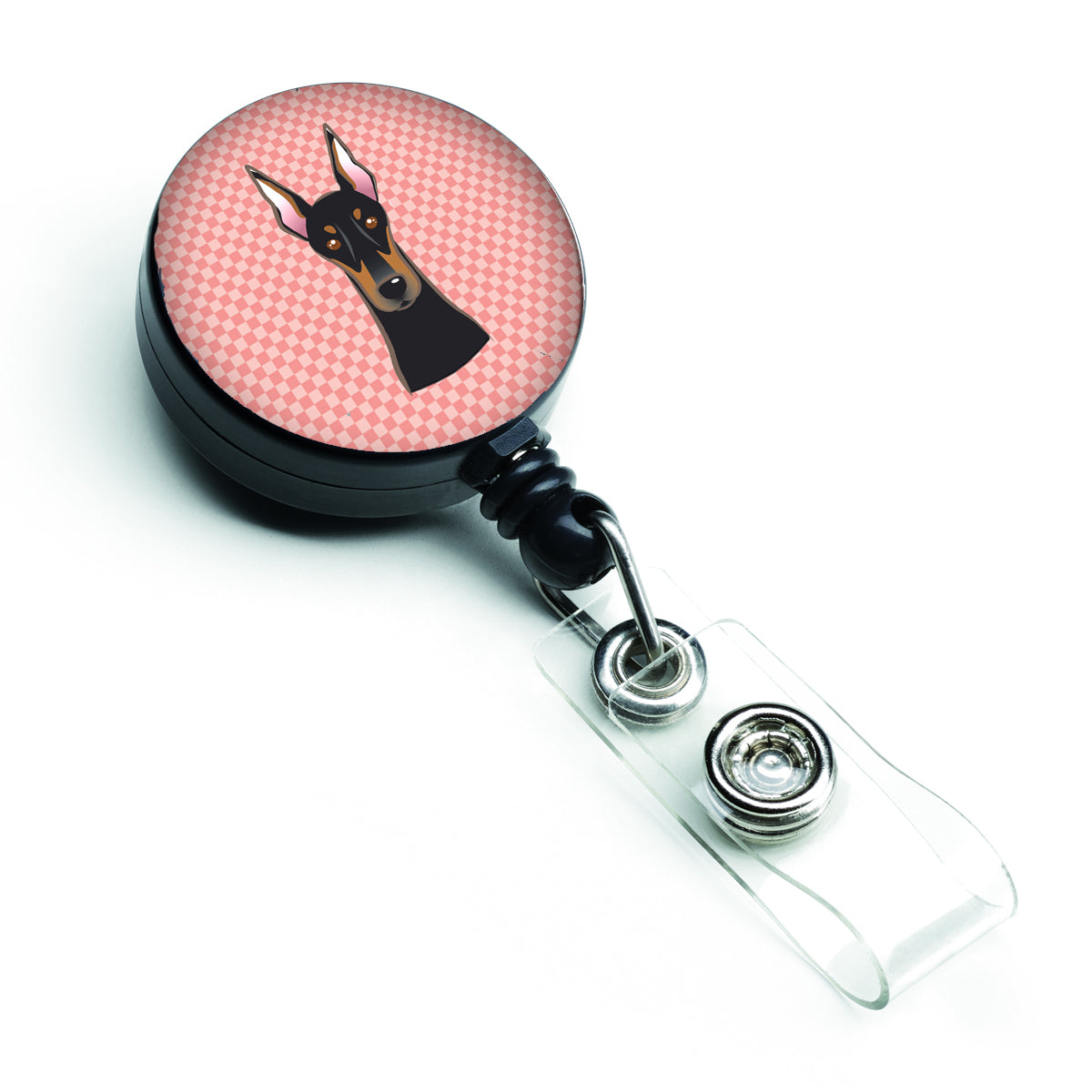 Checkerboard Pink Doberman Retractable Badge Reel BB1245BR.