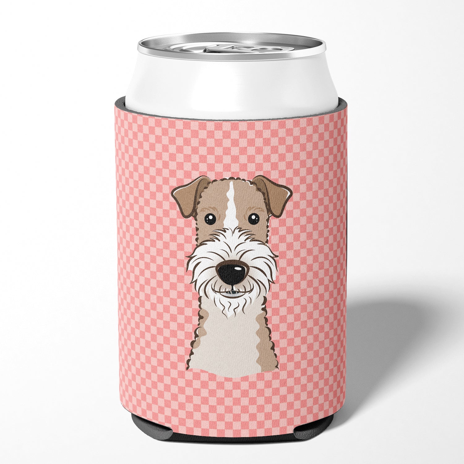 Checkerboard Pink Wire Haired Fox Terrier Can or Bottle Hugger BB1247CC.