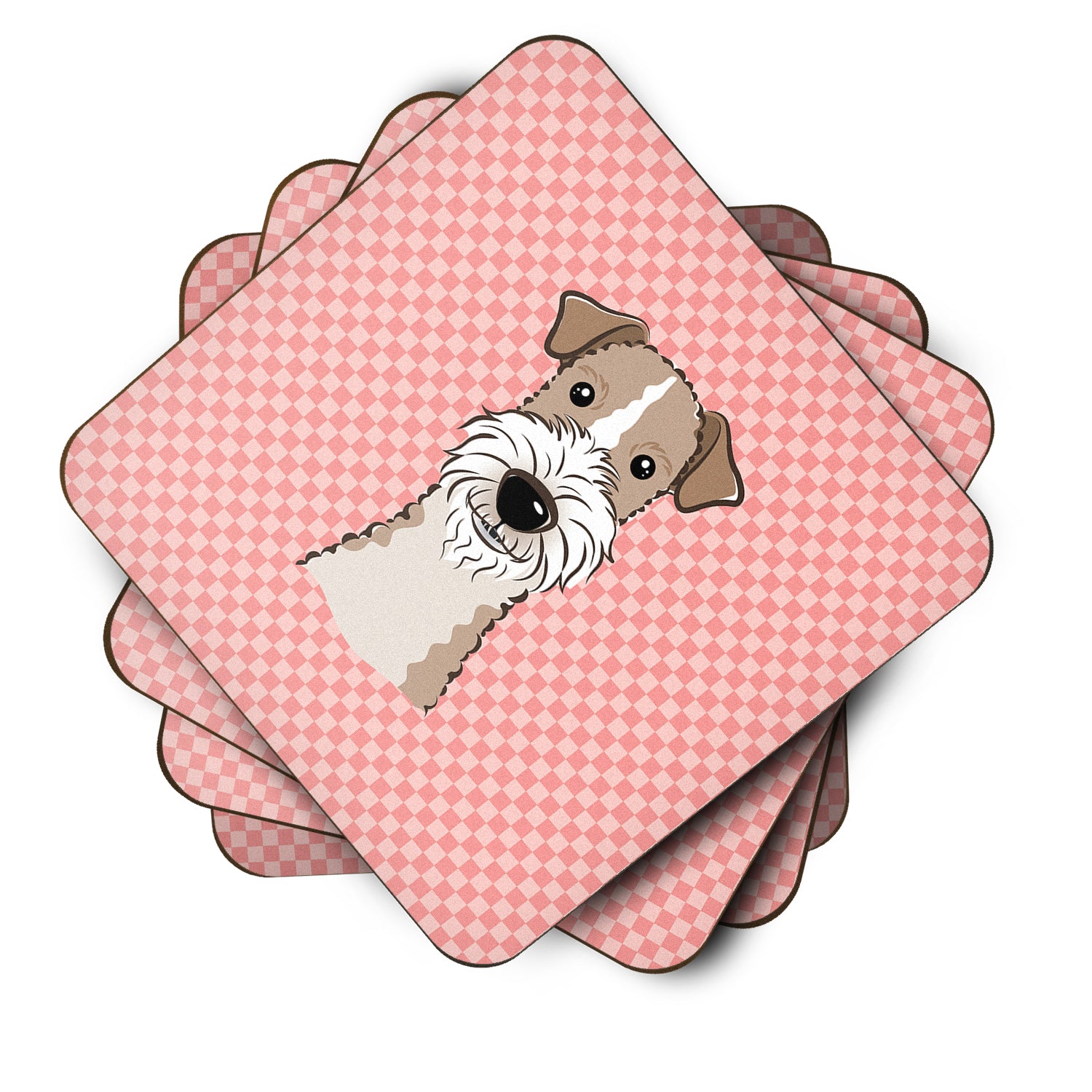 Set of 4 Checkerboard Pink Wire Haired Fox Terrier Foam Coasters BB1247FC - the-store.com