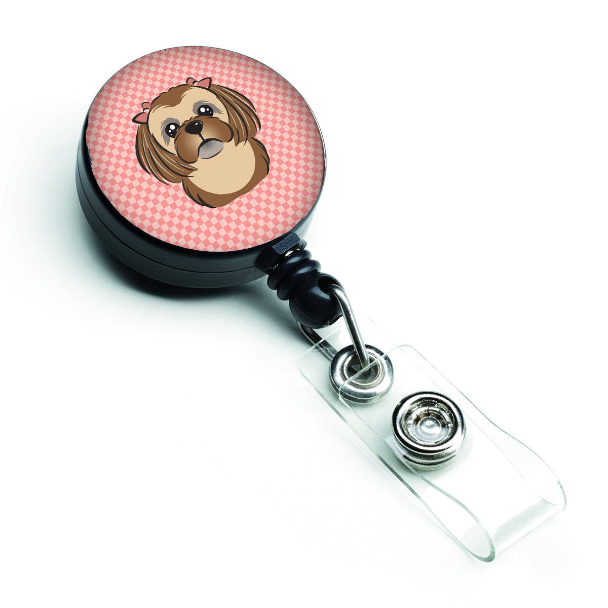 Checkerboard Pink Chocolate Brown Shih Tzu Retractable Badge Reel BB1249BR.