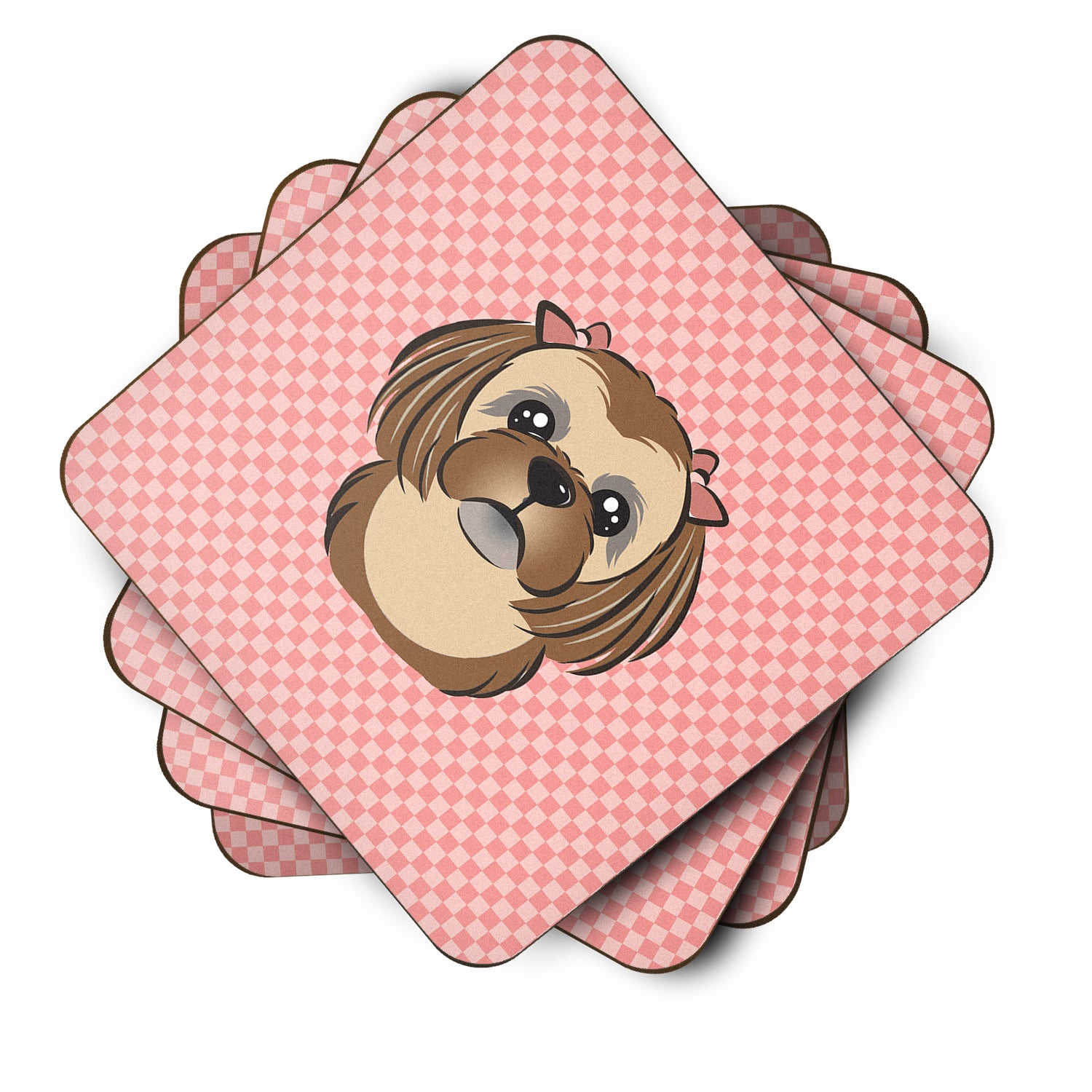 Set of 4 Checkerboard Pink Chocolate Brown Shih Tzu Foam Coasters BB1249FC - the-store.com