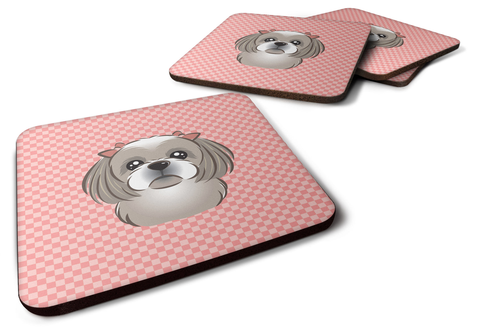 Set of 4 Checkerboard Pink Gray Silver Shih Tzu Foam Coasters BB1250FC - the-store.com
