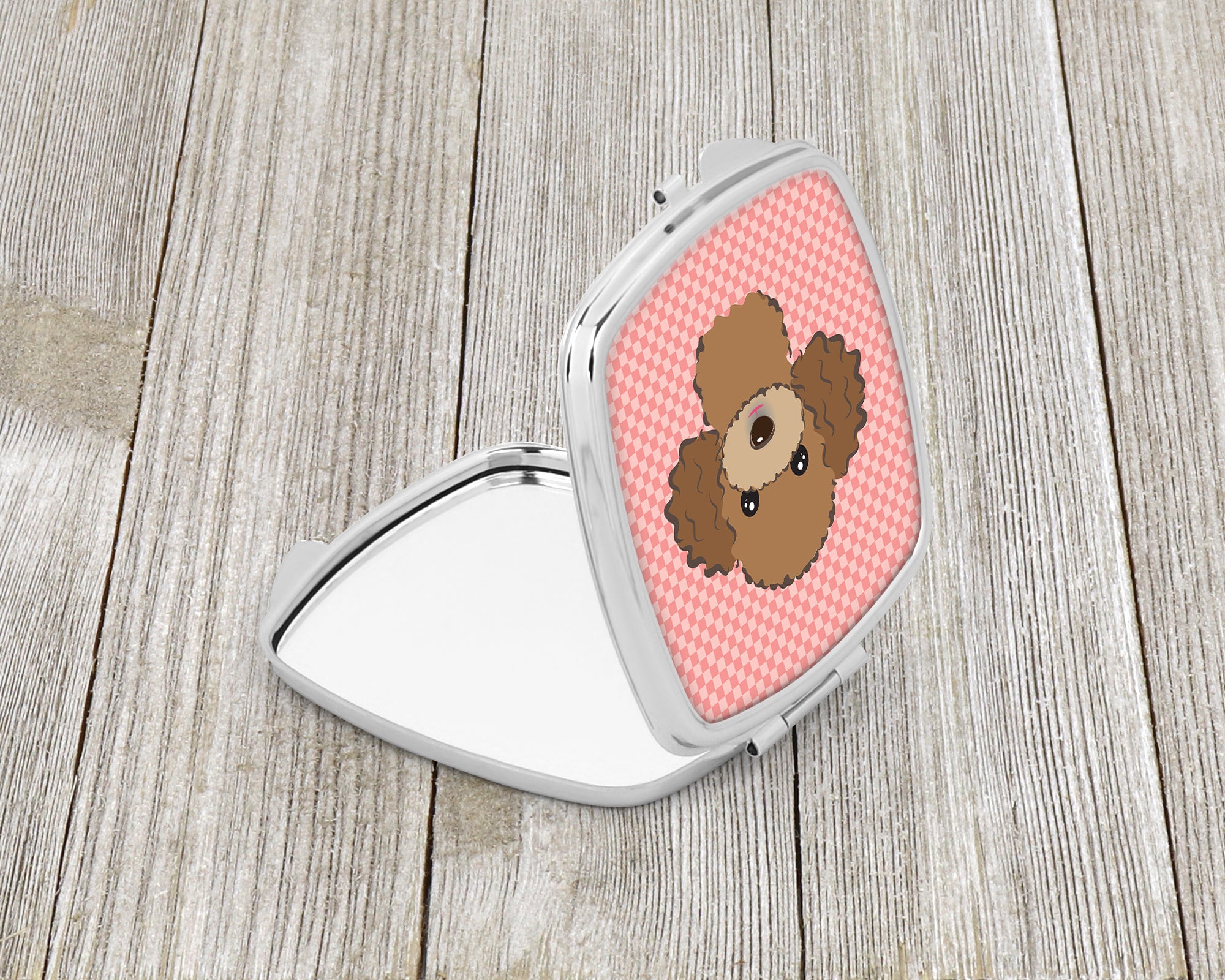 Checkerboard Pink Chocolate Brown Poodle Compact Mirror BB1256SCM