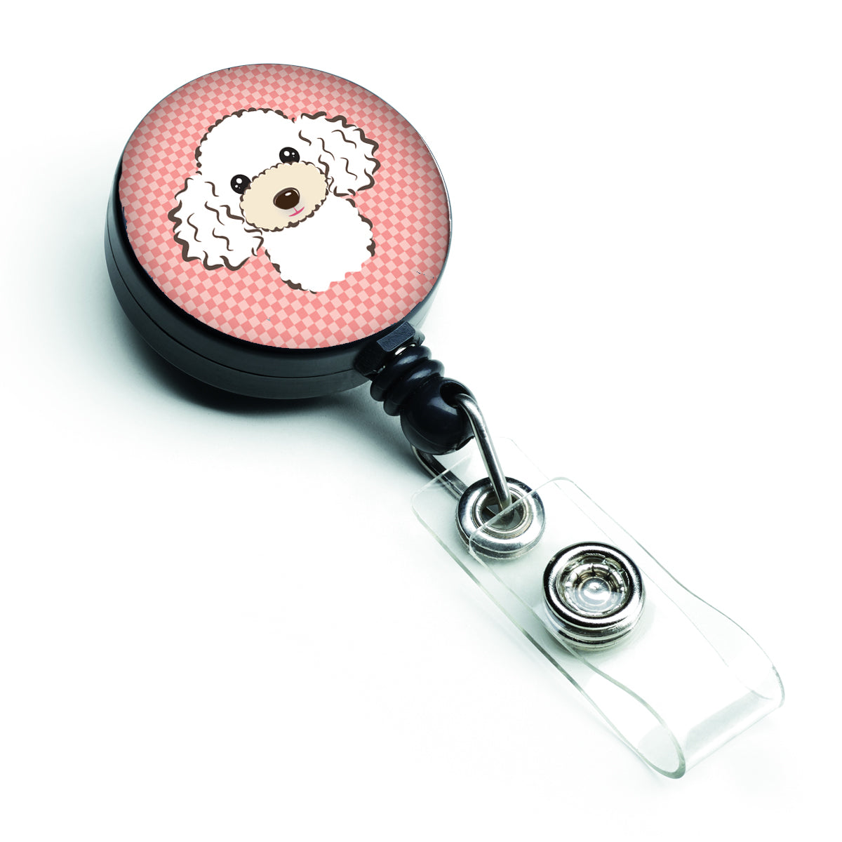 Checkerboard Pink White Poodle Retractable Badge Reel BB1257BR.