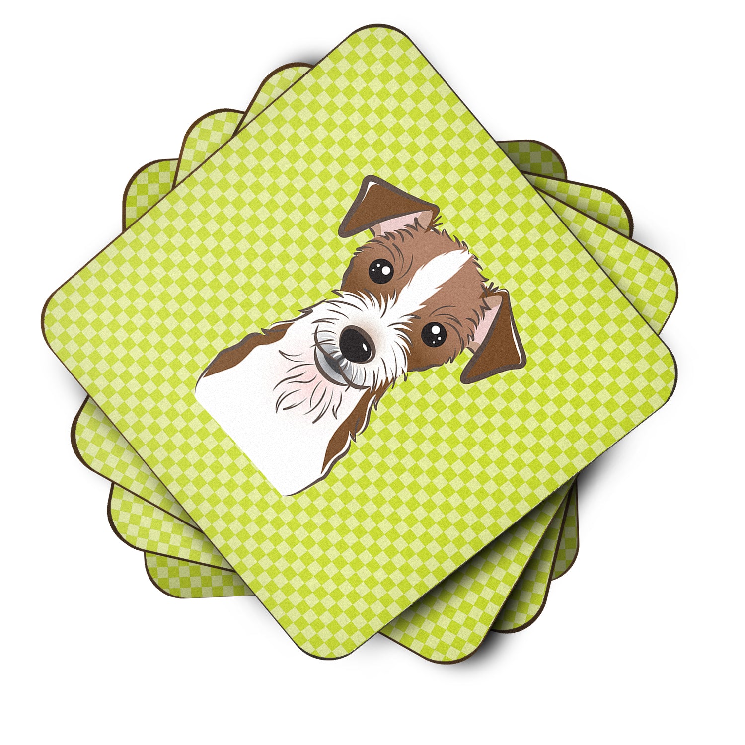 Set of 4 Checkerboard Lime Green Jack Russell Terrier Foam Coasters BB1264FC - the-store.com