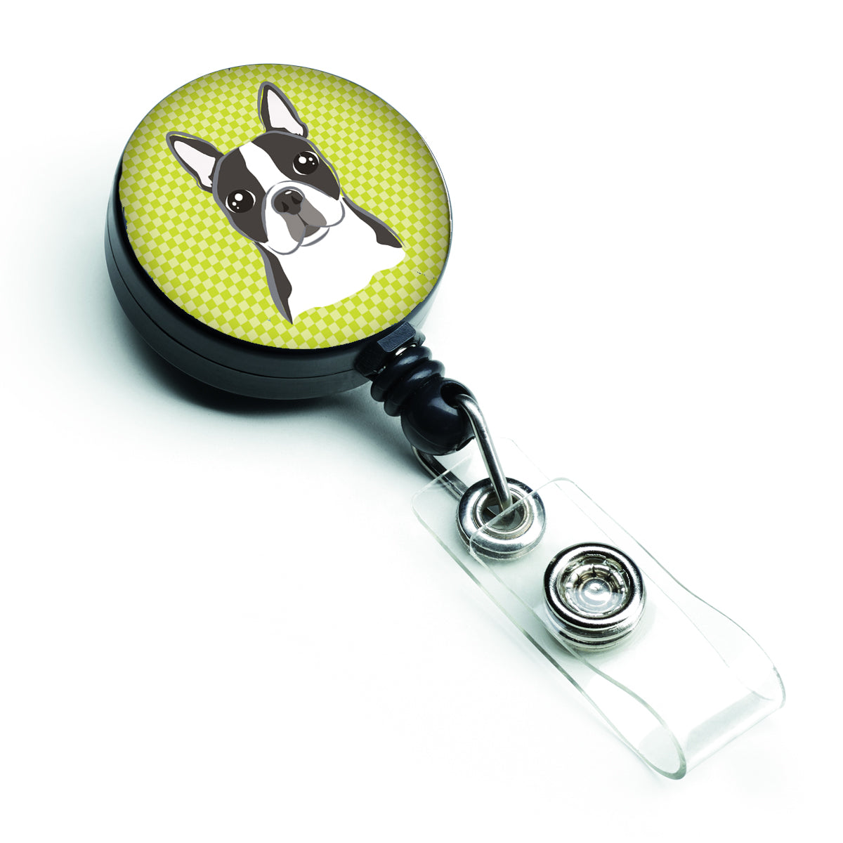 Checkerboard Lime Green Boston Terrier Retractable Badge Reel BB1265BR.