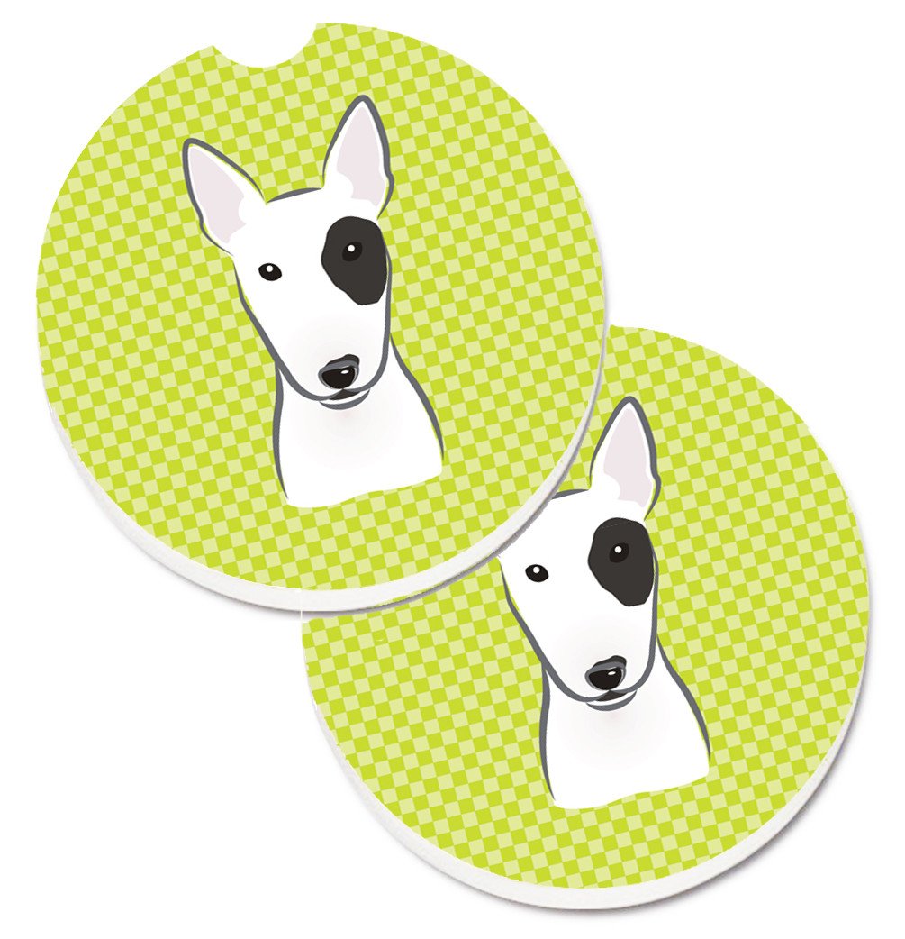 Checkerboard Lime Green Bull Terrier Set of 2 Cup Holder Car Coasters BB1271CARC by Caroline&#39;s Treasures