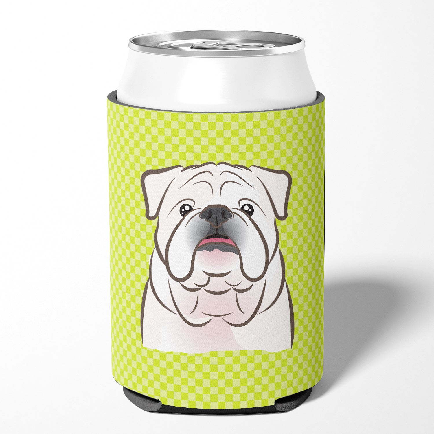 Checkerboard Lime Green White English Bulldog  Can or Bottle Hugger BB1282CC.