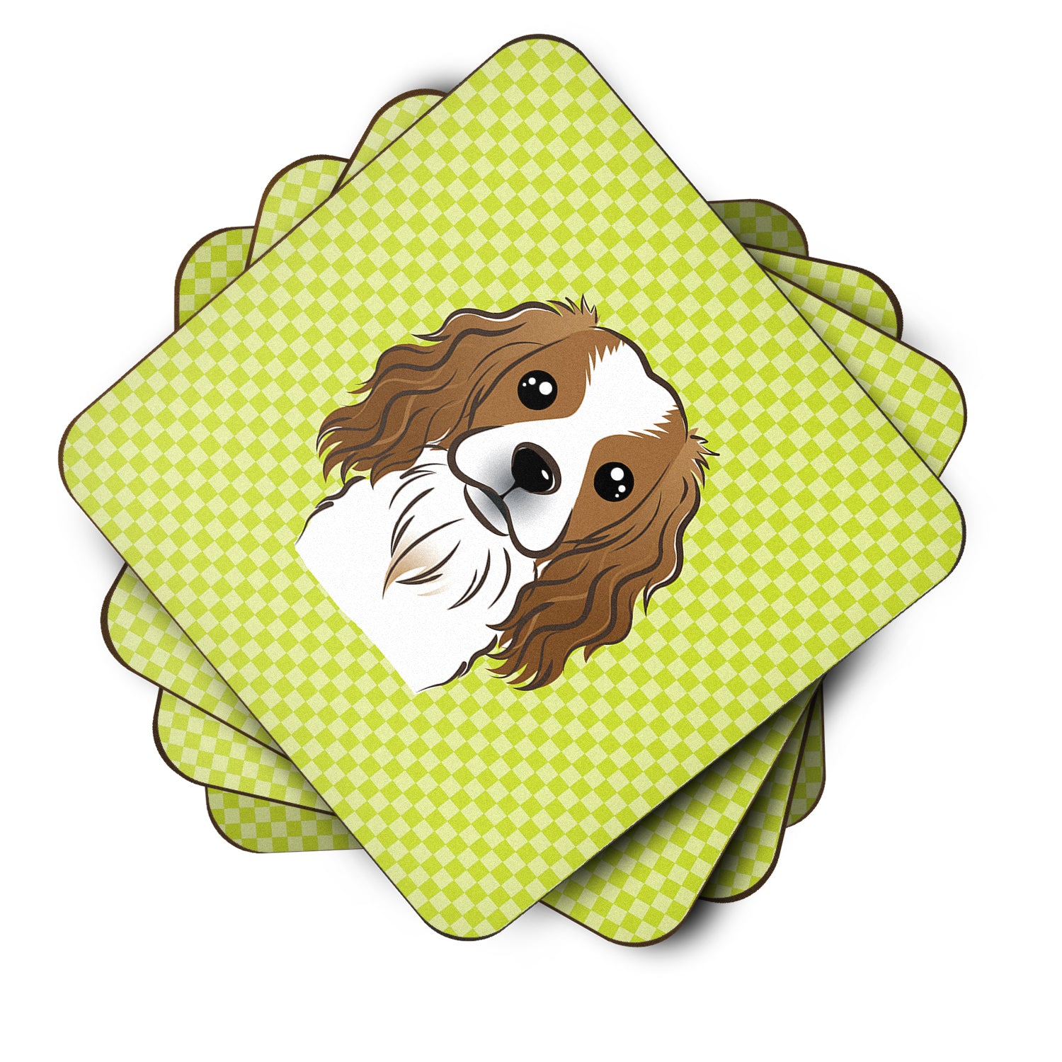 Set of 4 Checkerboard Lime Green Cavalier Spaniel Foam Coasters BB1286FC - the-store.com