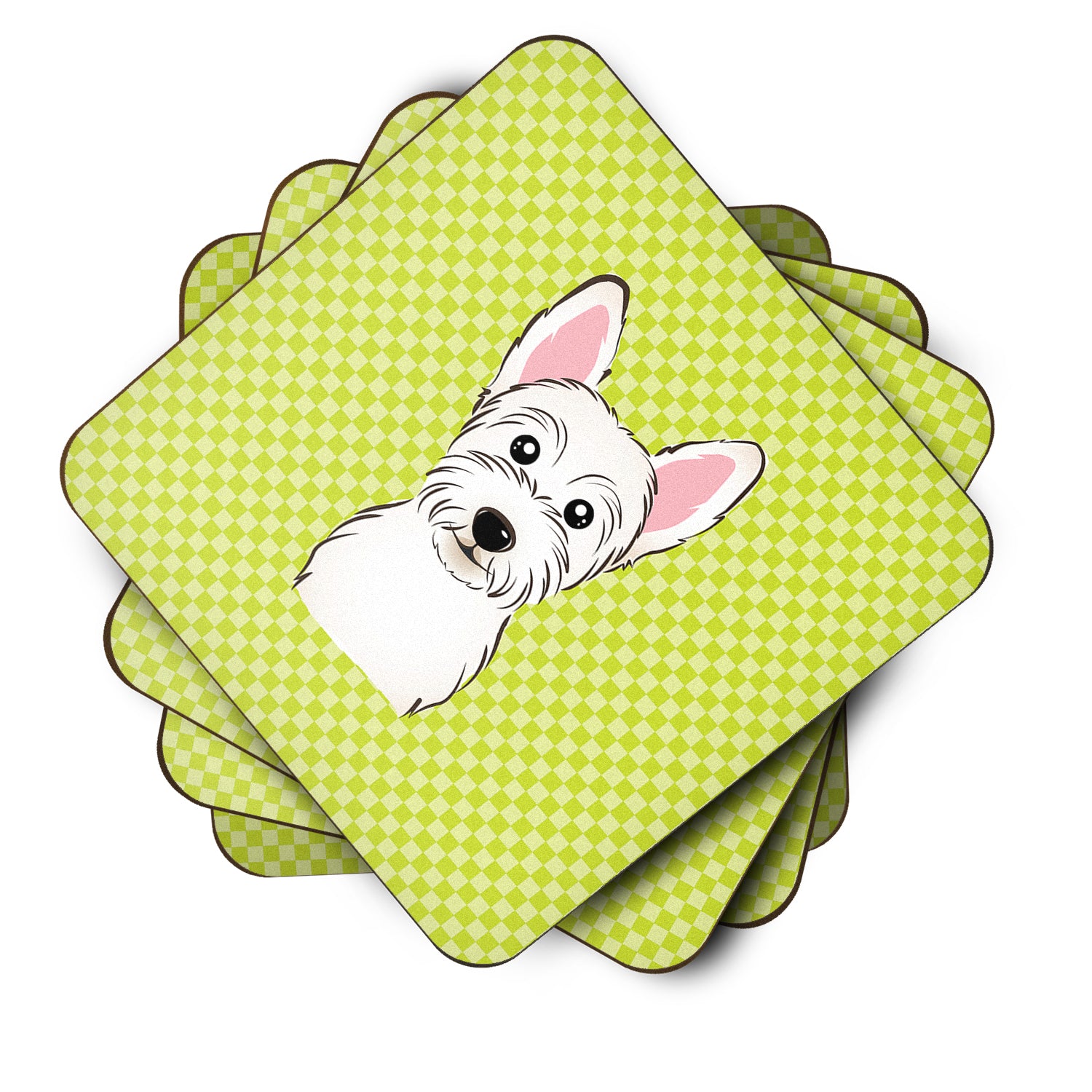 Set of 4 Checkerboard Lime Green Westie Foam Coasters BB1288FC - the-store.com
