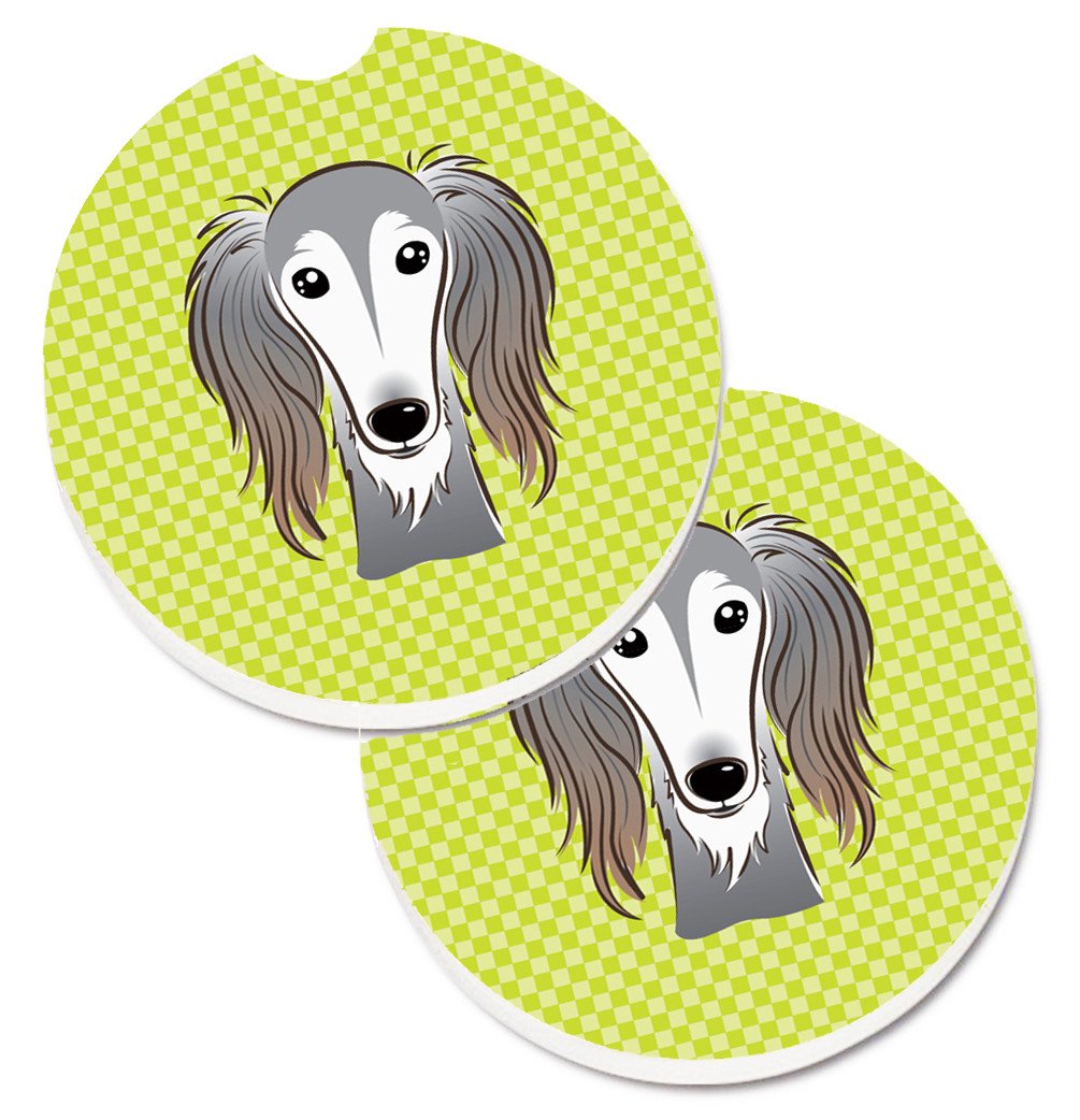 Checkerboard Lime Green Saluki Set of 2 Cup Holder Car Coasters BB1291CARC by Caroline's Treasures